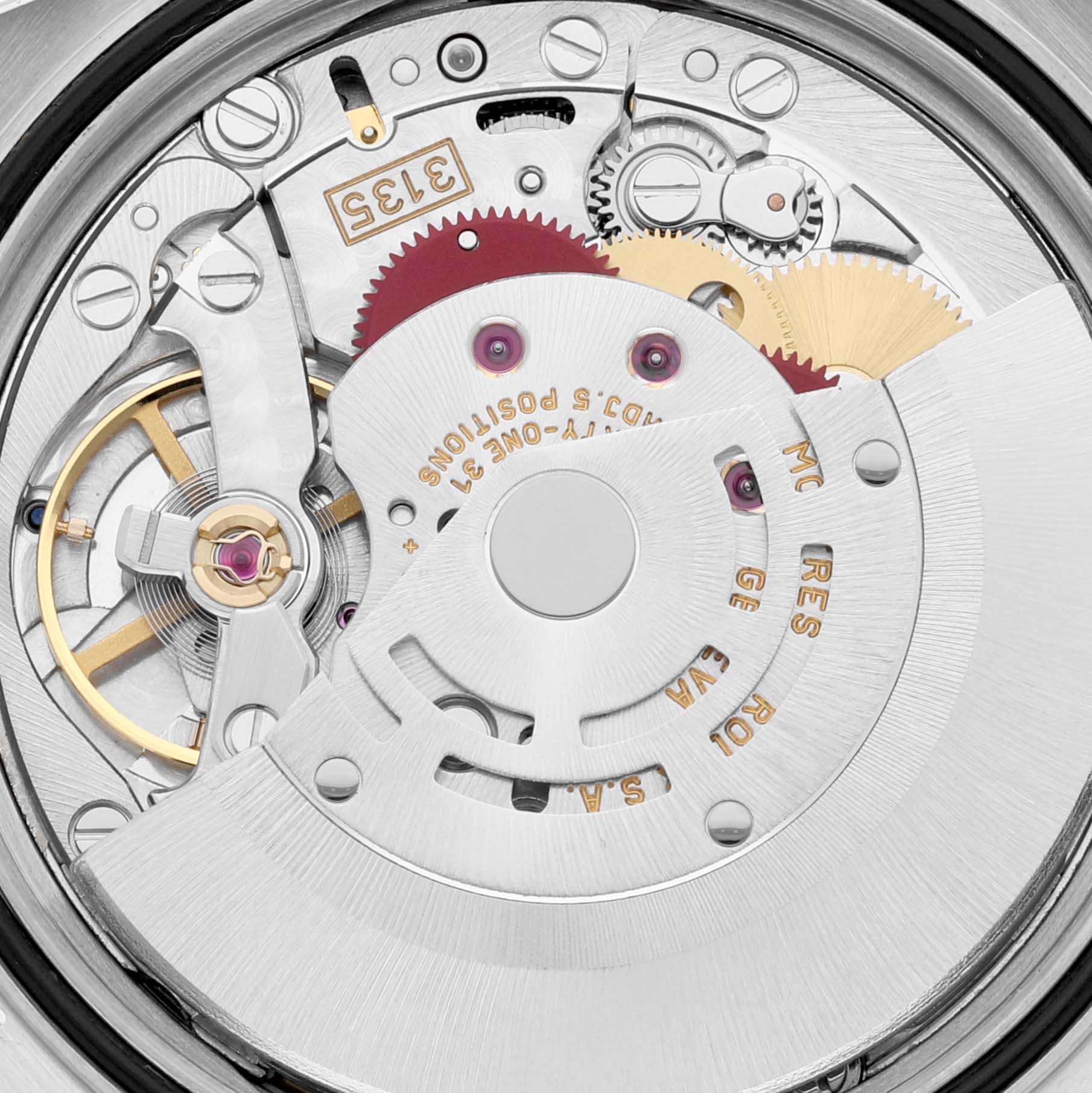 This image shows the movement mechanism of a Rolex Datejust 16233 Men's Steel and Gold (two tone) Mother of Pearl Dial 16233 Men's Steel and Gold (two tone) Mother of Pearl Dial watch, highlighting its intricate internal components.
