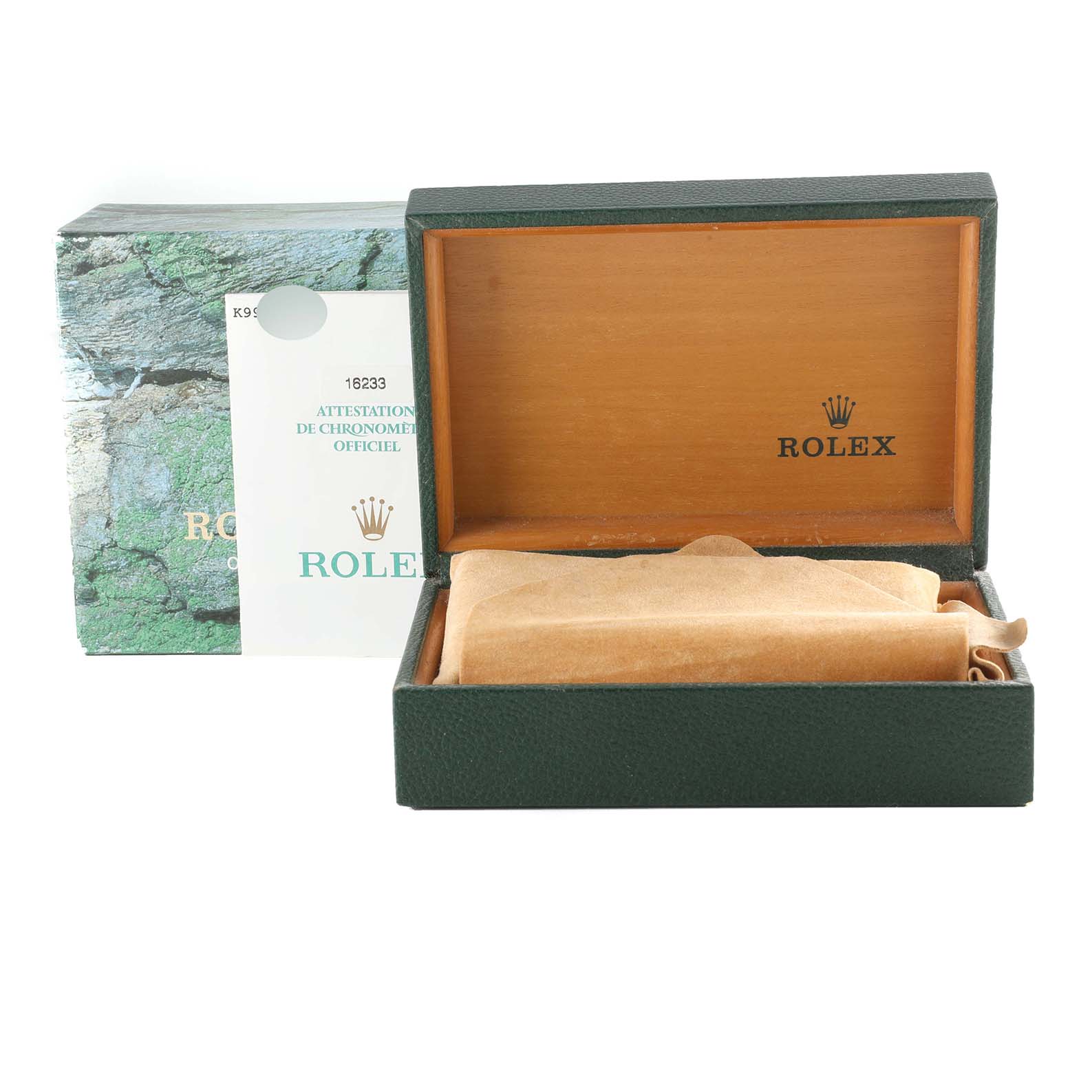 The image shows the packaging of the Rolex Datejust 16233 Men's Steel and Gold (two tone) Mother of Pearl Dial 16233 Men's Steel and Gold (two tone) Mother of Pearl Dial, including an open watch box, outer box, and certificate.