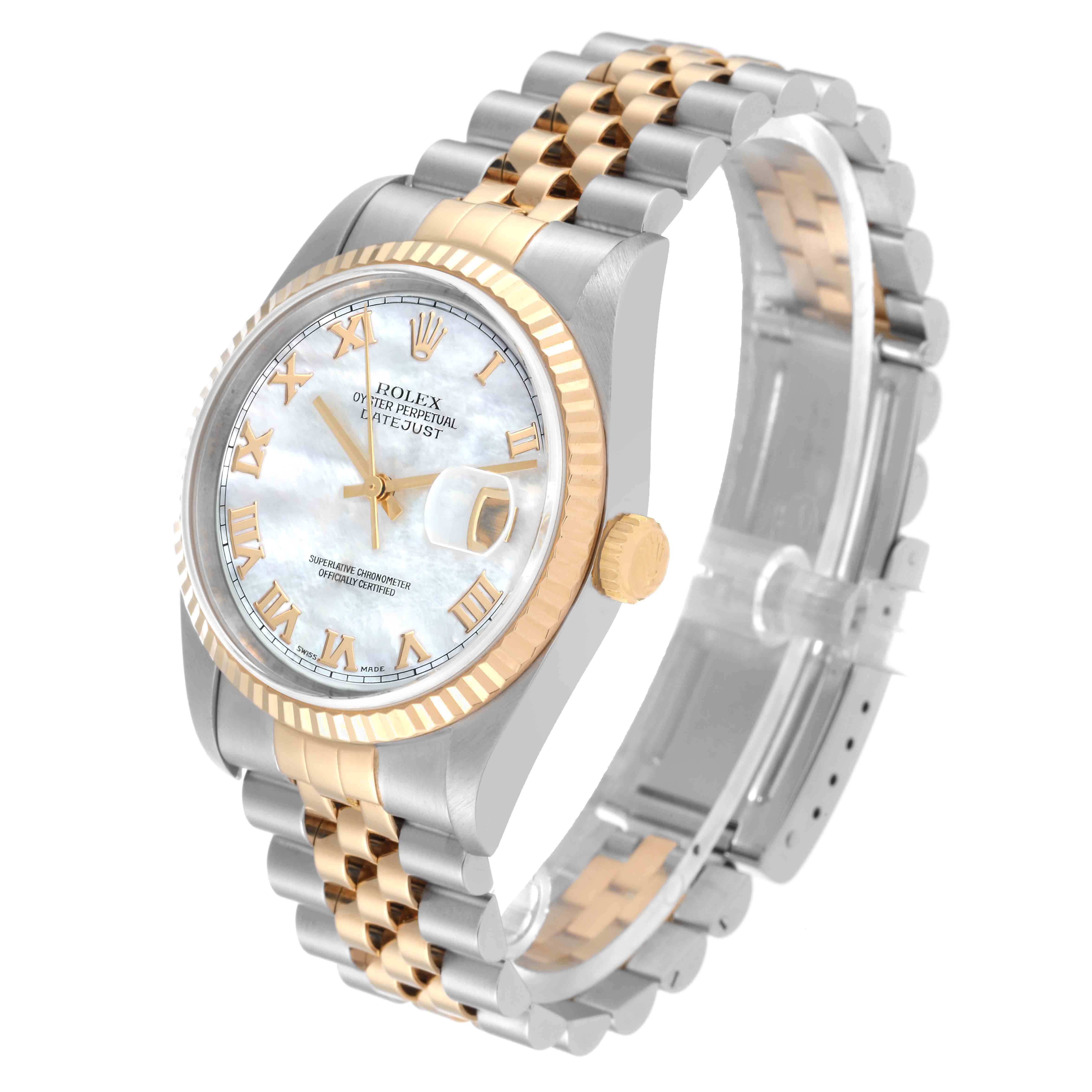 The Rolex Datejust 16233 Men's Steel and Gold (two tone) Mother of Pearl Dial 16233 Men's Steel and Gold (two tone) Mother of Pearl Dial watch is shown at an angle displaying its face, crown, case, and two-tone bracelet.