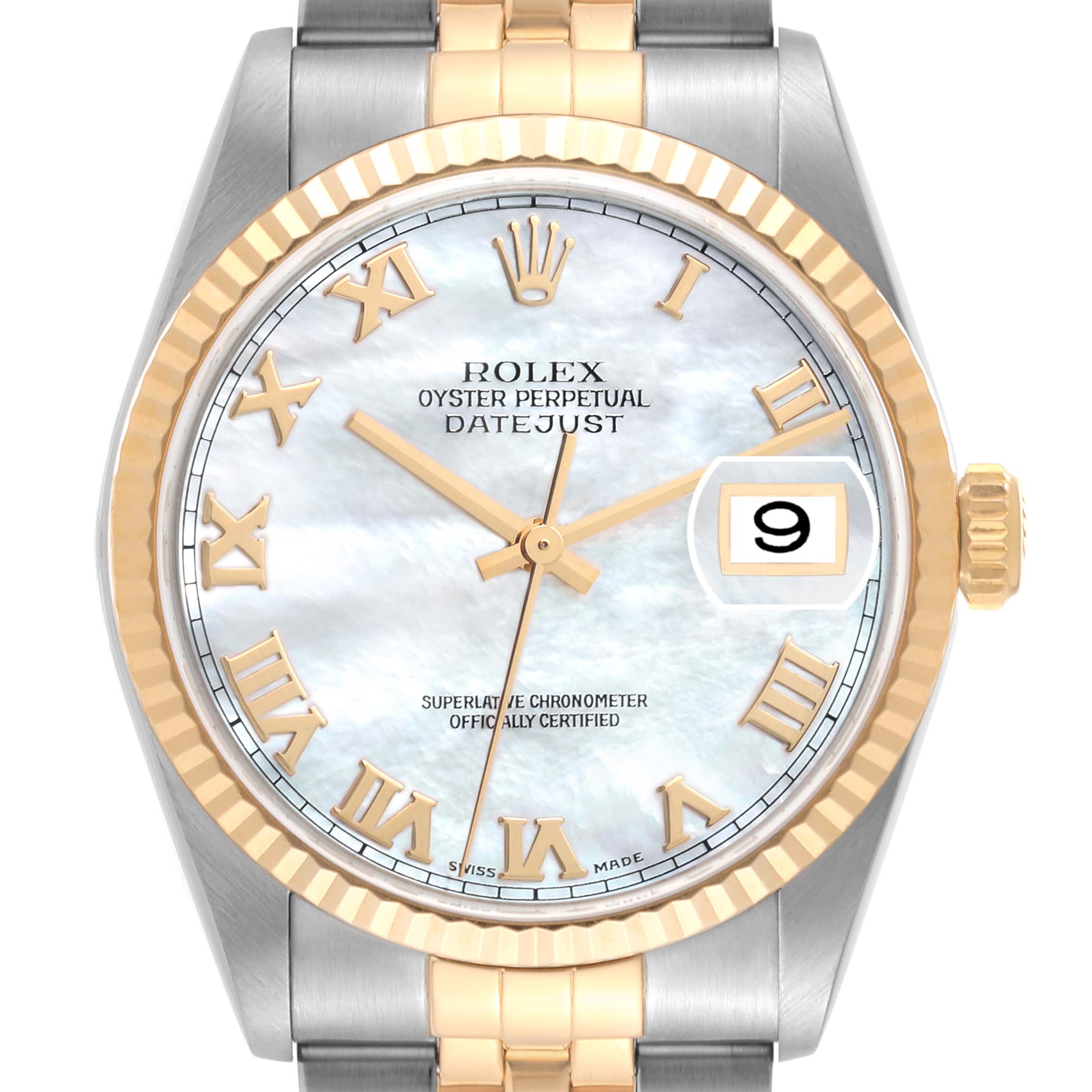 This image shows a front view of a Rolex Datejust 16233 Men's Steel and Gold (two tone) Mother of Pearl Dial 16233 Men's Steel and Gold (two tone) Mother of Pearl Dial watch, highlighting the dial, Roman numerals, fluted bezel, and cyclops date window.