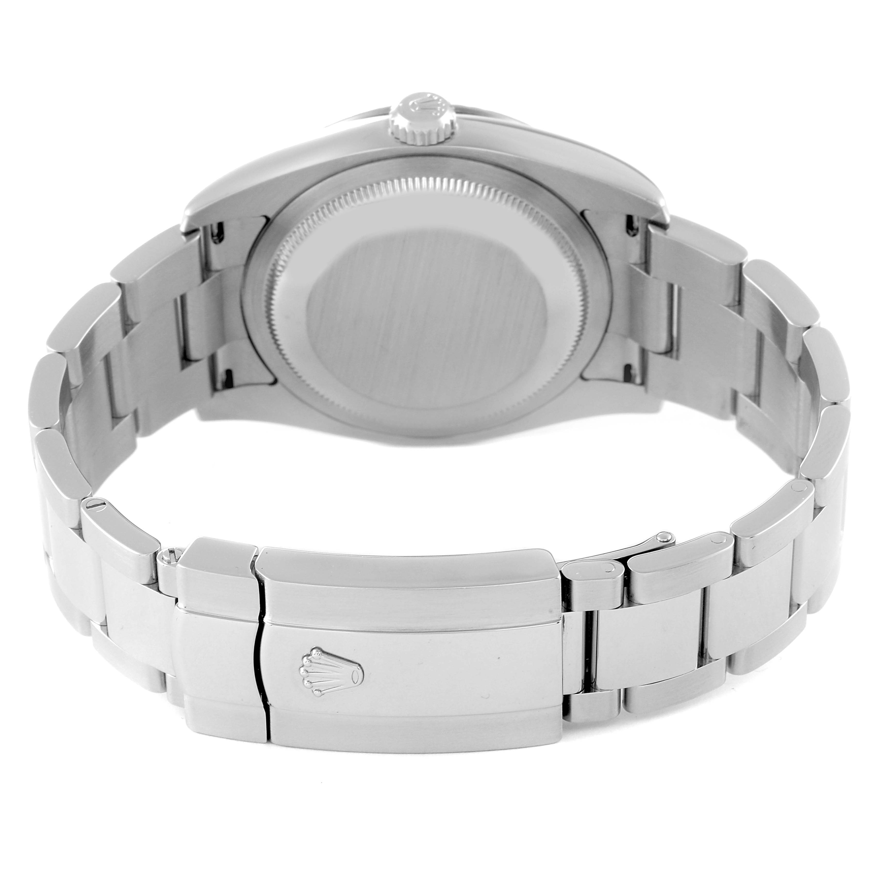 This image shows the back view of a Rolex Turn-o-Graph 116264 Men
s Stainless Steel Blue Dial 116264 Men
s Stainless Steel Blue Dial watch, focusing on the case back and part of the metal bracelet with the clasp.