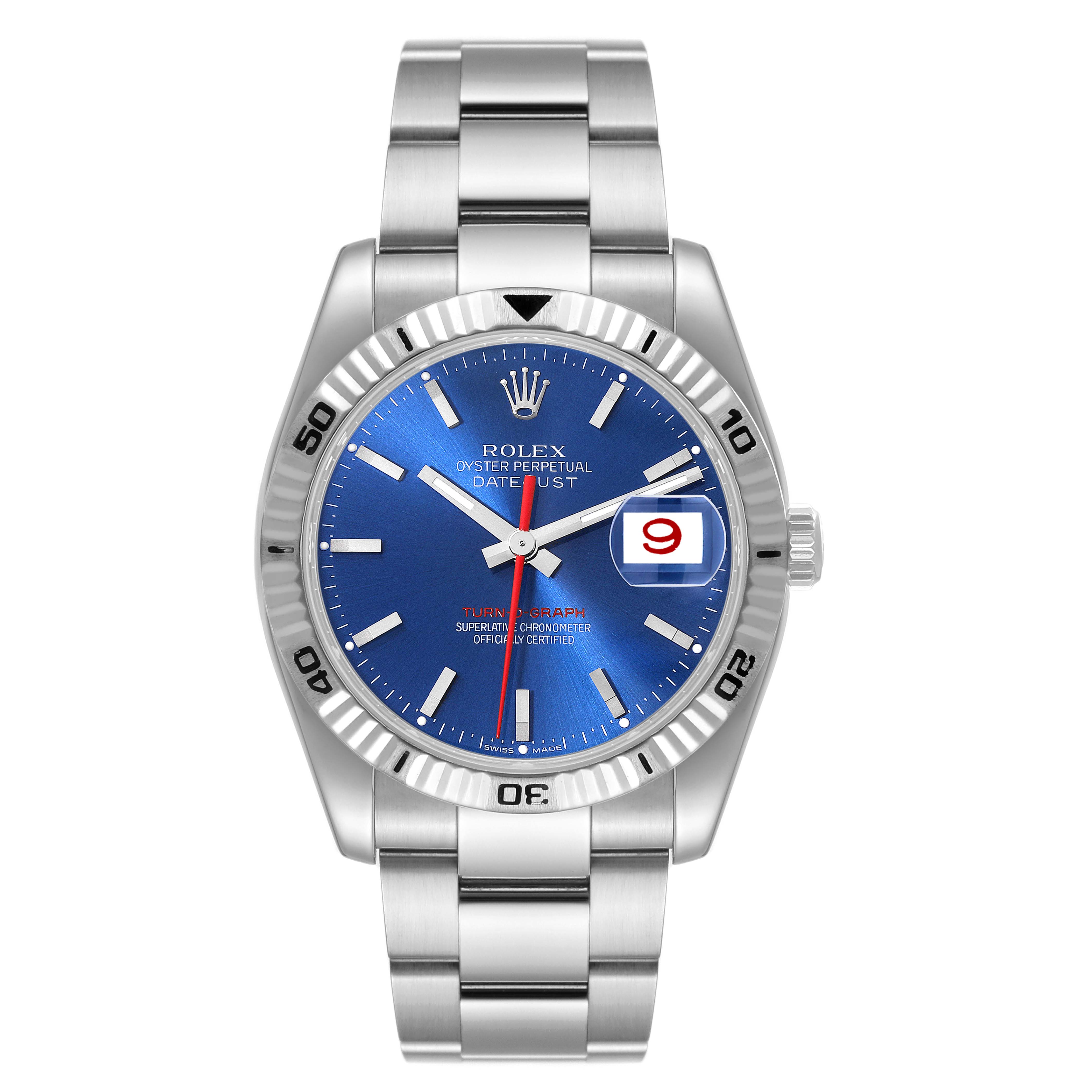 This image shows the front view of a Rolex Turn-o-Graph 116264 Men
s Stainless Steel Blue Dial 116264 Men
s Stainless Steel Blue Dial watch, highlighting its blue dial, date window, and stainless steel bracelet.