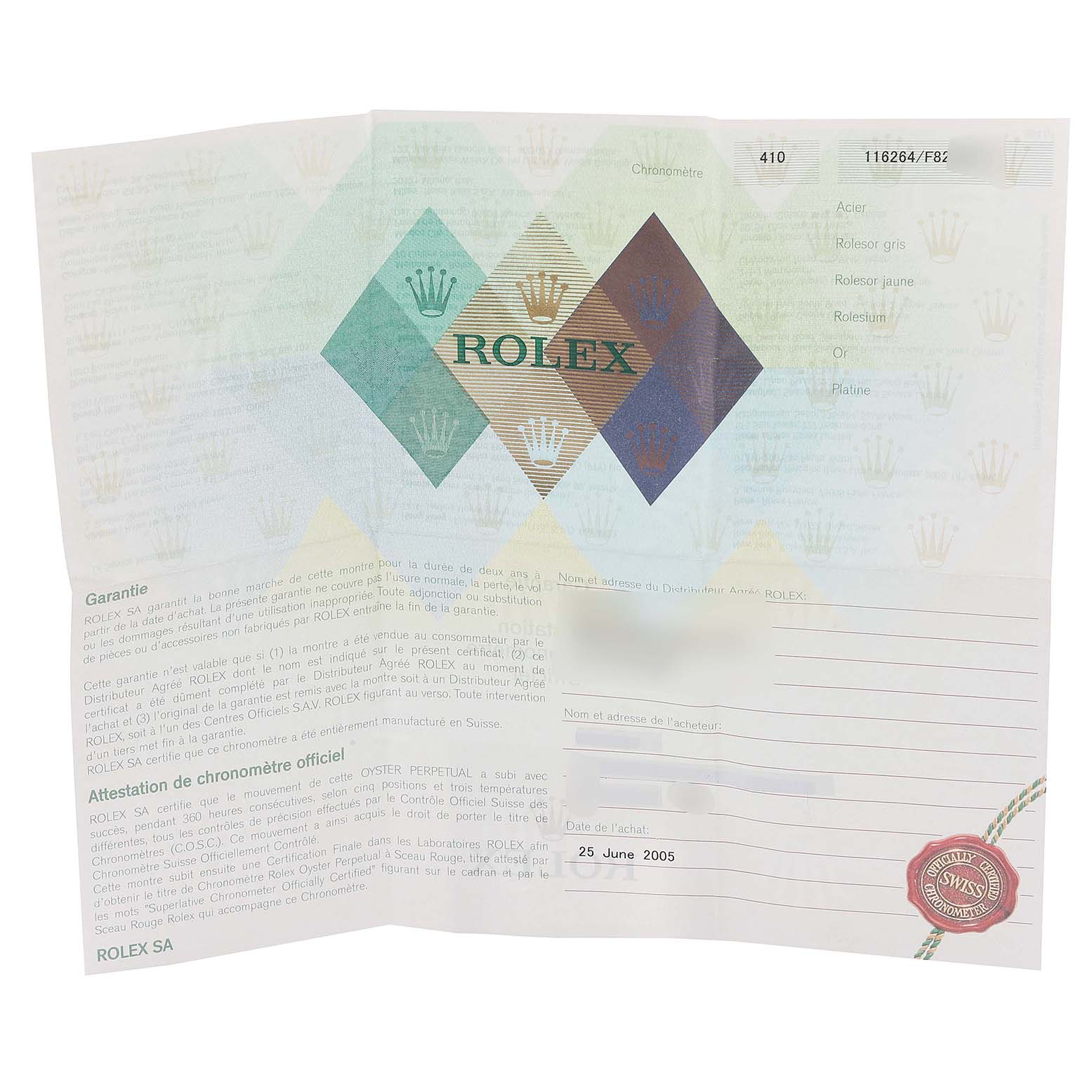 This image shows the warranty and certification papers for the Rolex Turn-o-Graph 116264 Men
s Stainless Steel Blue Dial 116264 Men
s Stainless Steel Blue Dial model, dated 25 June 2005.