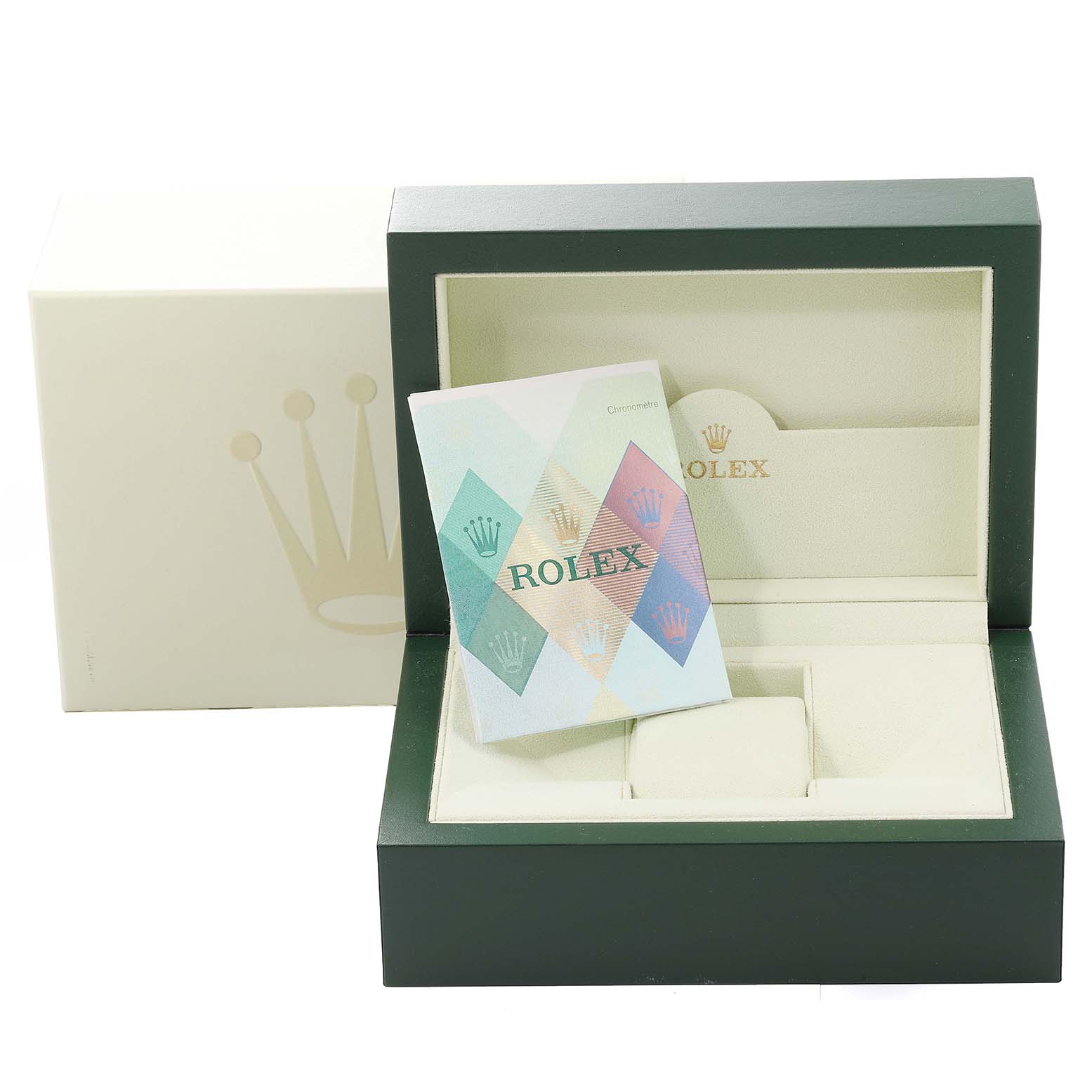 This image shows the open presentation box and booklet for the Rolex Turn-o-Graph 116264 Men
s Stainless Steel Blue Dial 116264 Men
s Stainless Steel Blue Dial model from a slightly elevated front angle.