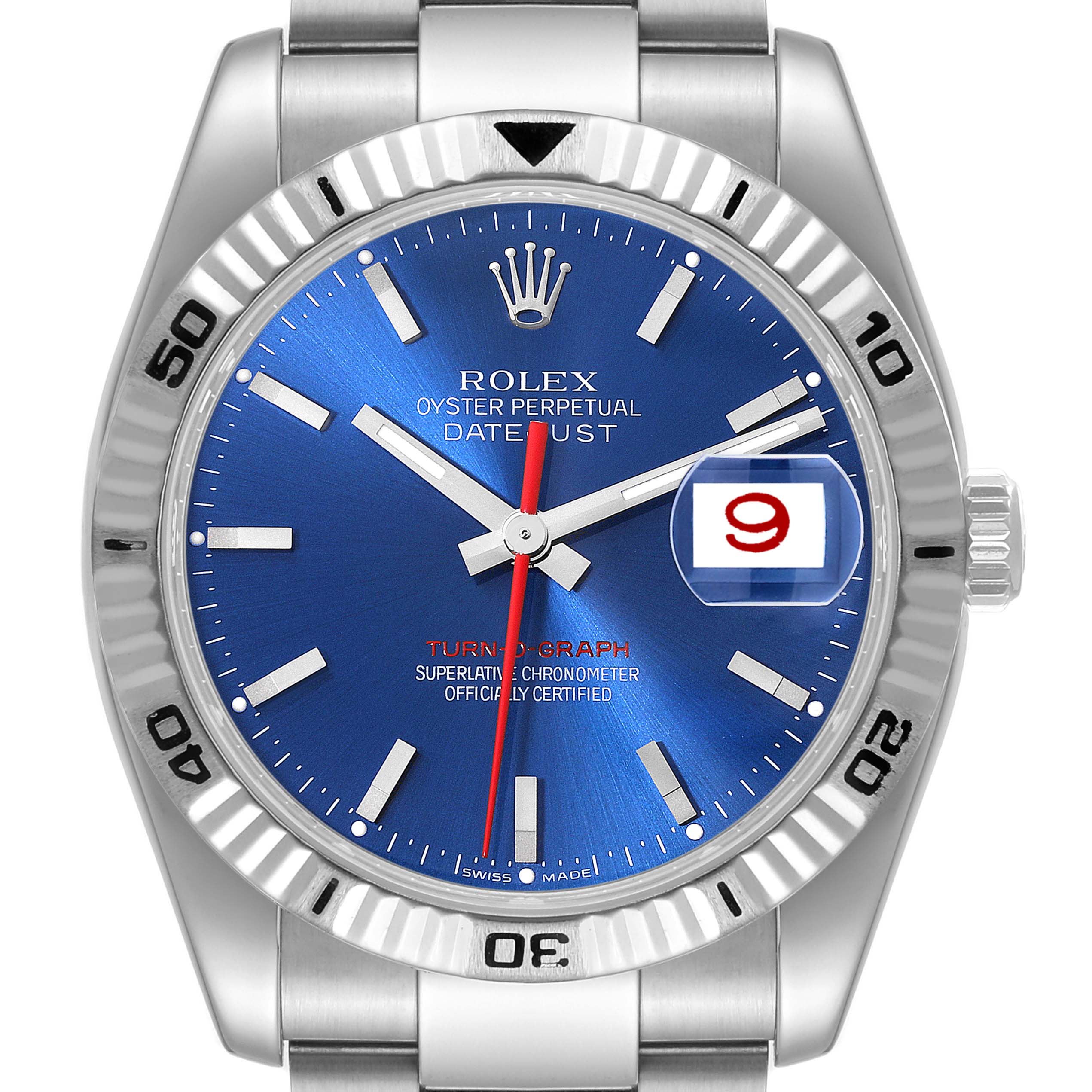 This image shows a frontal view of the Rolex Turn-o-Graph 116264 Men
s Stainless Steel Blue Dial 116264 Men
s Stainless Steel Blue Dial watch, highlighting the blue dial, fluted bezel, and date display.