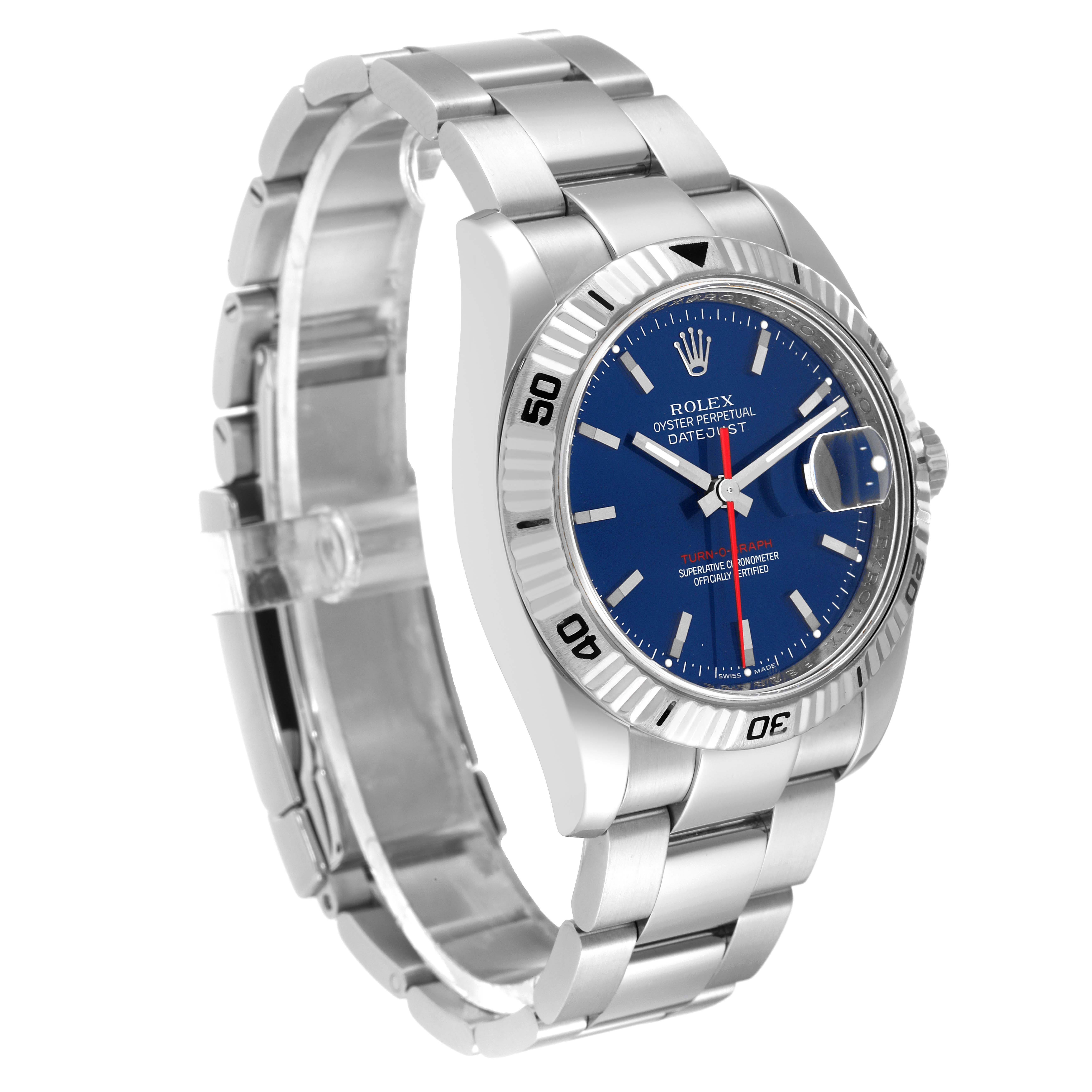 This image shows a Rolex Turn-o-Graph 116264 Men
s Stainless Steel Blue Dial 116264 Men
s Stainless Steel Blue Dial watch angled slightly from the side, highlighting the face, bezel, and stainless steel bracelet.