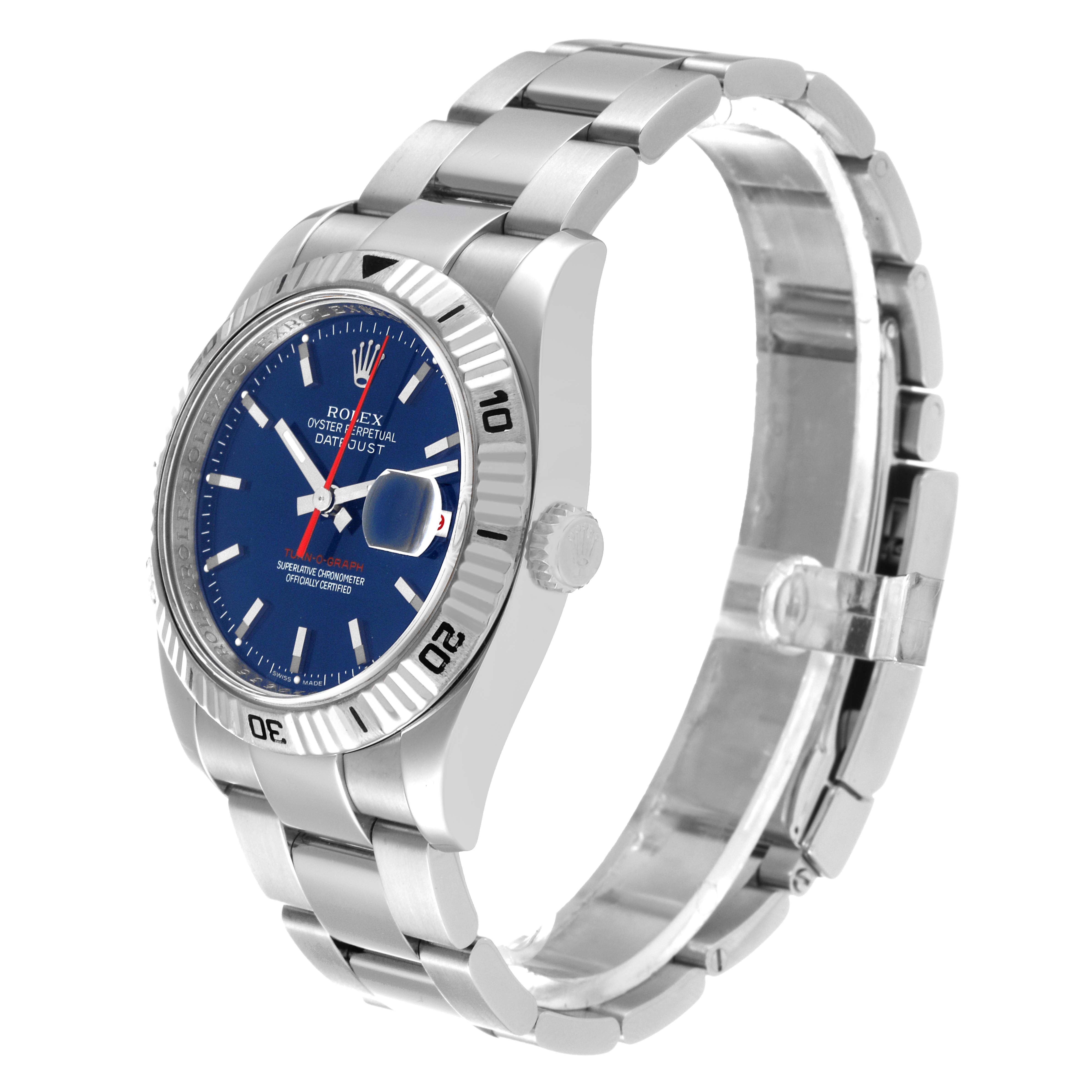 The image shows a side-angle view of the Rolex Turn-o-Graph 116264 Men
s Stainless Steel Blue Dial 116264 Men
s Stainless Steel Blue Dial watch, showcasing the face, bezel, crown, and metal bracelet.
