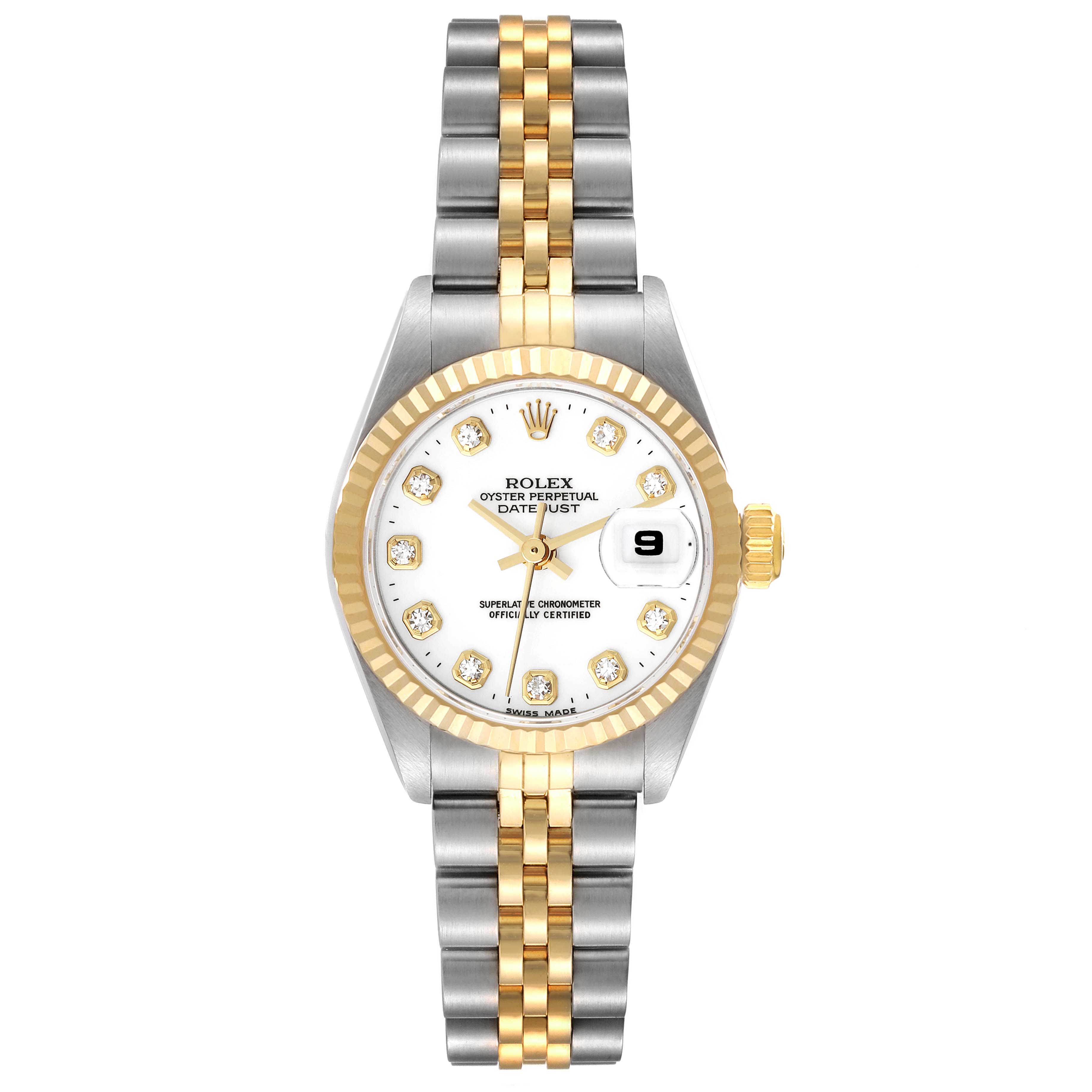 This Rolex Datejust 69173 Women's Steel and Gold (two tone) White Dial 69173 Women's Steel and Gold (two tone) White Dial watch is shown from a top-down angle, featuring a two-tone bracelet, diamond hour markers, and a date display.
