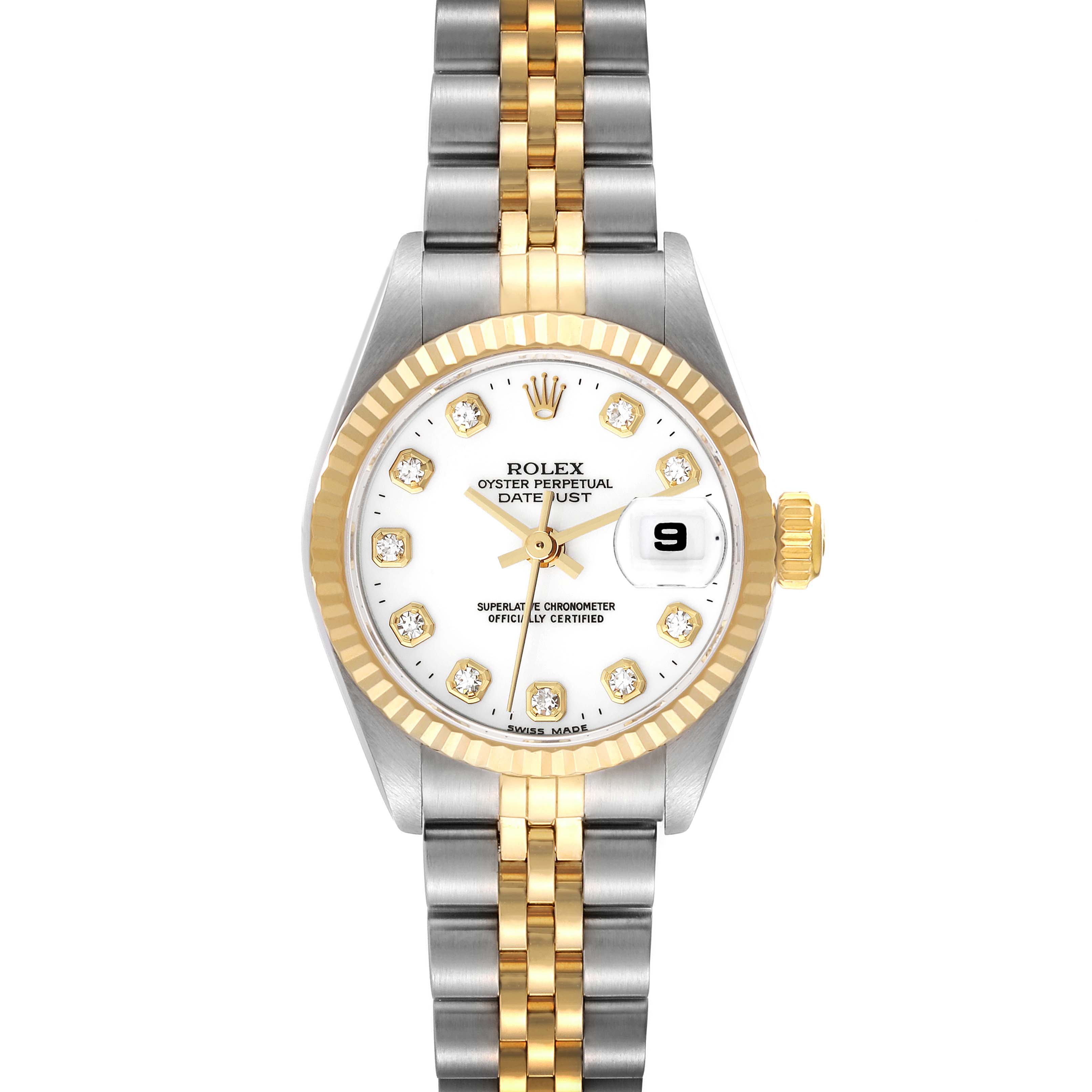 This image shows a Rolex Datejust 69173 Women's Steel and Gold (two tone) White Dial 69173 Women's Steel and Gold (two tone) White Dial watch from a top-down angle displaying the face, bezel, crown, and part of the bracelet.