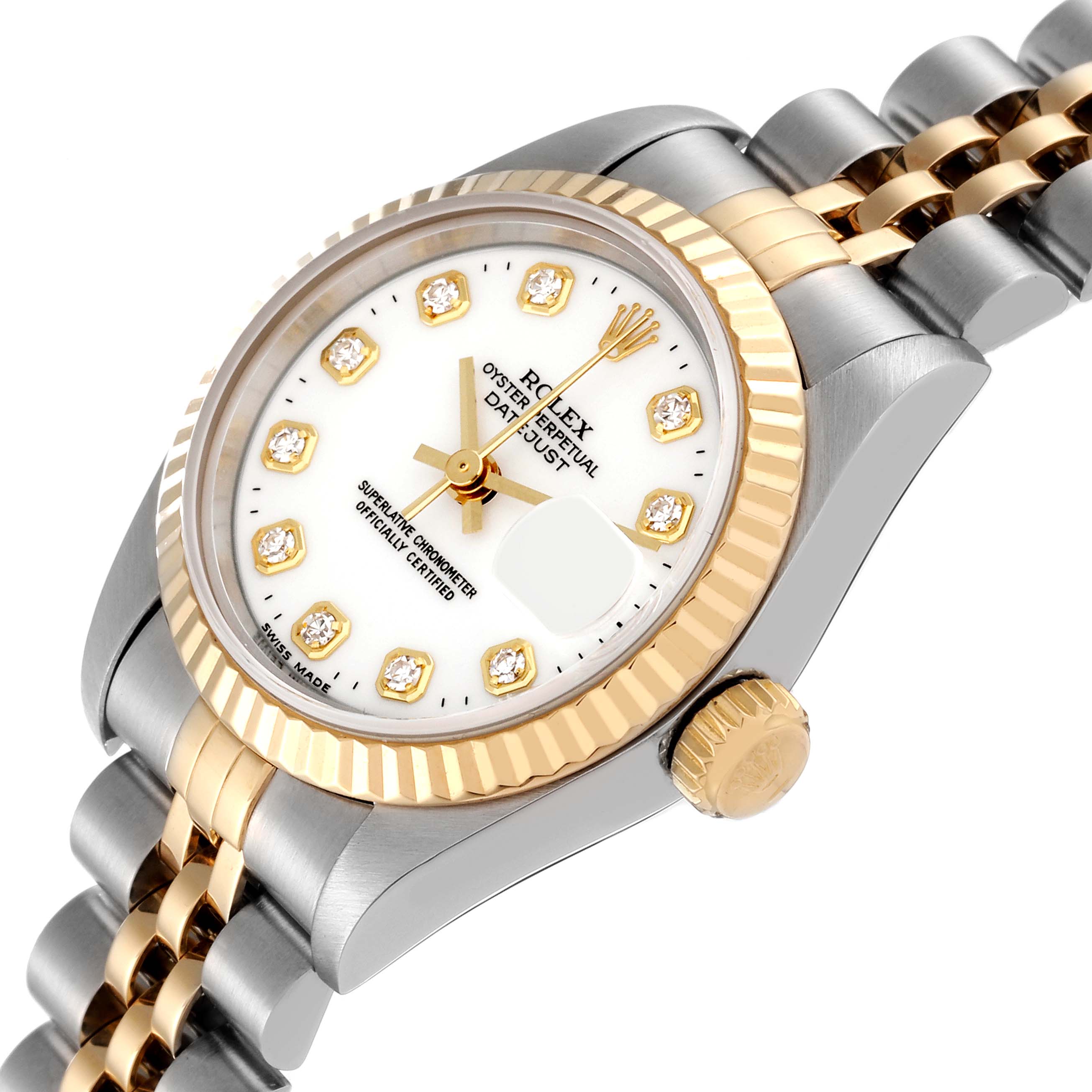 This image shows a Rolex Datejust 69173 Women's Steel and Gold (two tone) White Dial 69173 Women's Steel and Gold (two tone) White Dial watch at an oblique angle, highlighting its face, crown, and part of its bracelet.