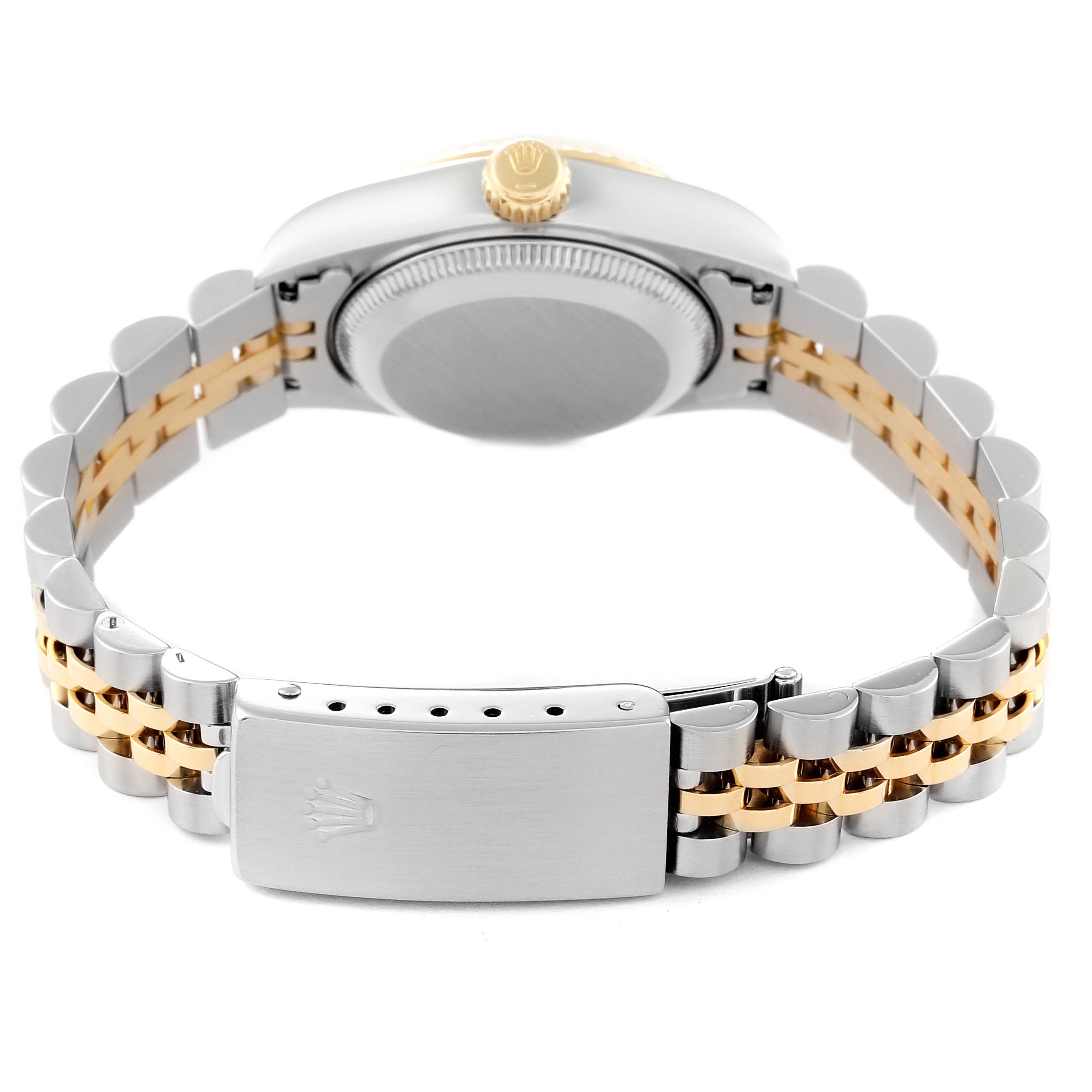 The image shows the back of a Rolex Datejust 69173 Women's Steel and Gold (two tone) White Dial 69173 Women's Steel and Gold (two tone) White Dial watch, highlighting the bracelet and clasp.