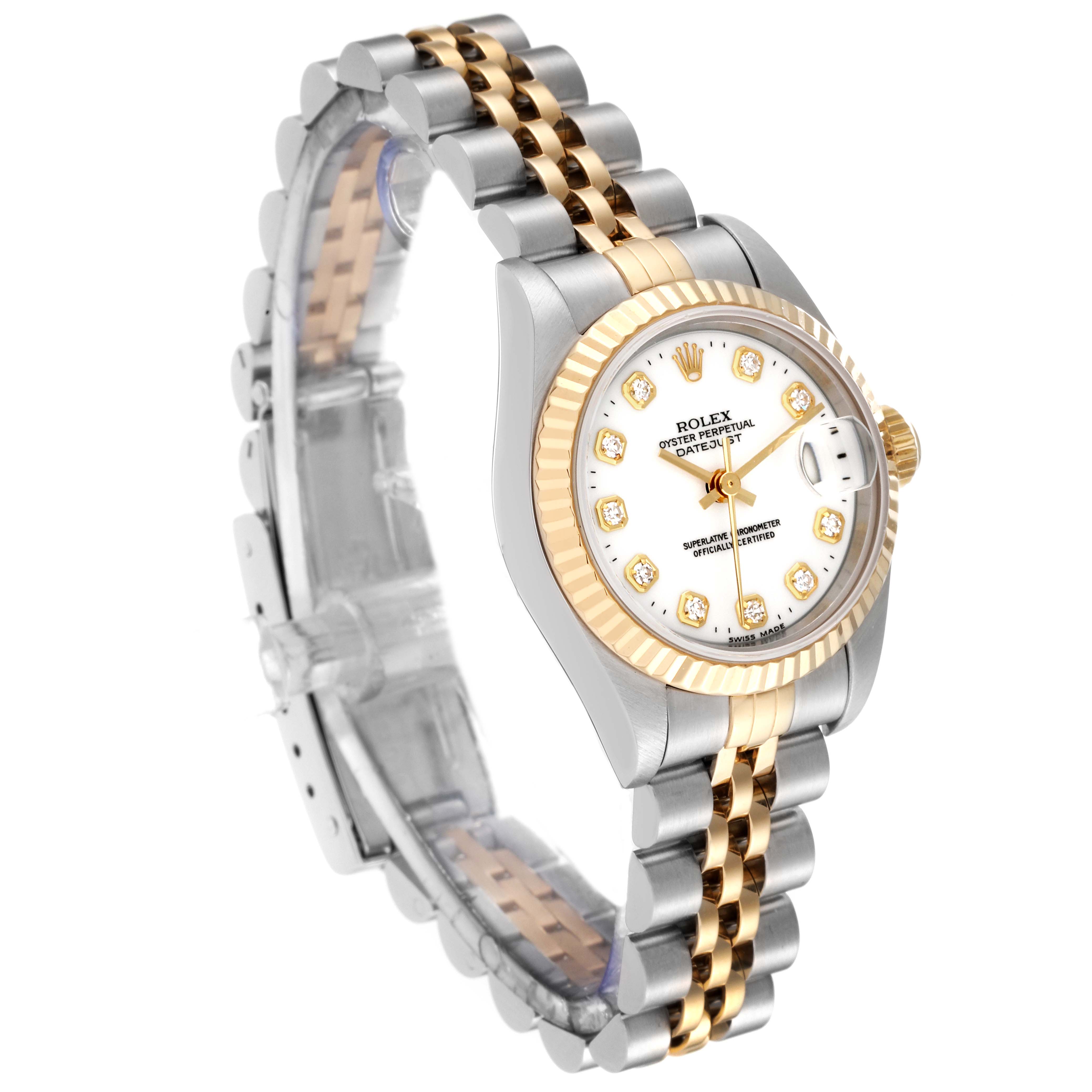 The image shows a Rolex Datejust 69173 Women's Steel and Gold (two tone) White Dial 69173 Women's Steel and Gold (two tone) White Dial watch at a slight angle, highlighting its two-tone bracelet, fluted bezel, and dial with diamond hour markers.