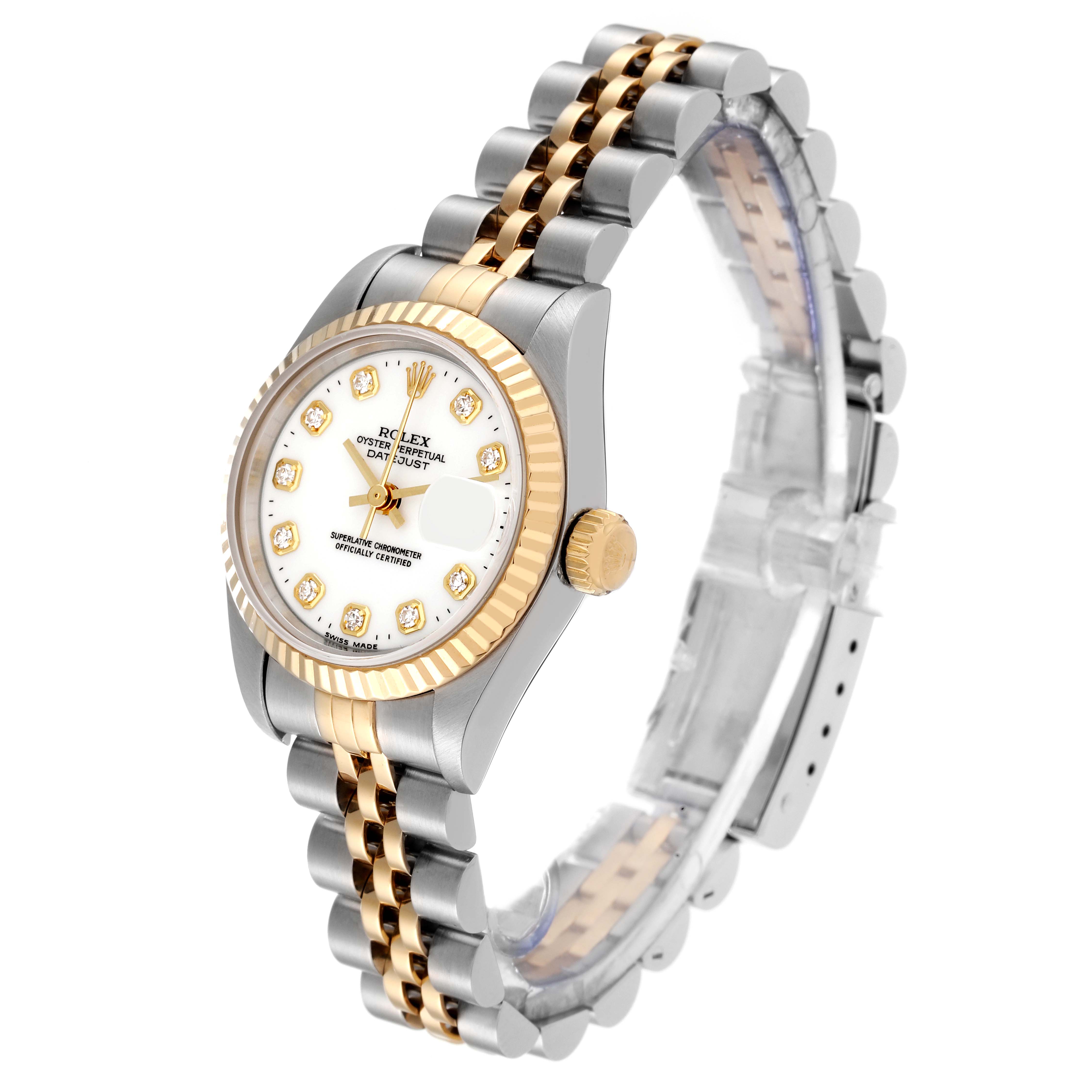 This Rolex Datejust 69173 Women's Steel and Gold (two tone) White Dial 69173 Women's Steel and Gold (two tone) White Dial watch is shown at an angle, highlighting its face, fluted bezel, and two-tone bracelet.