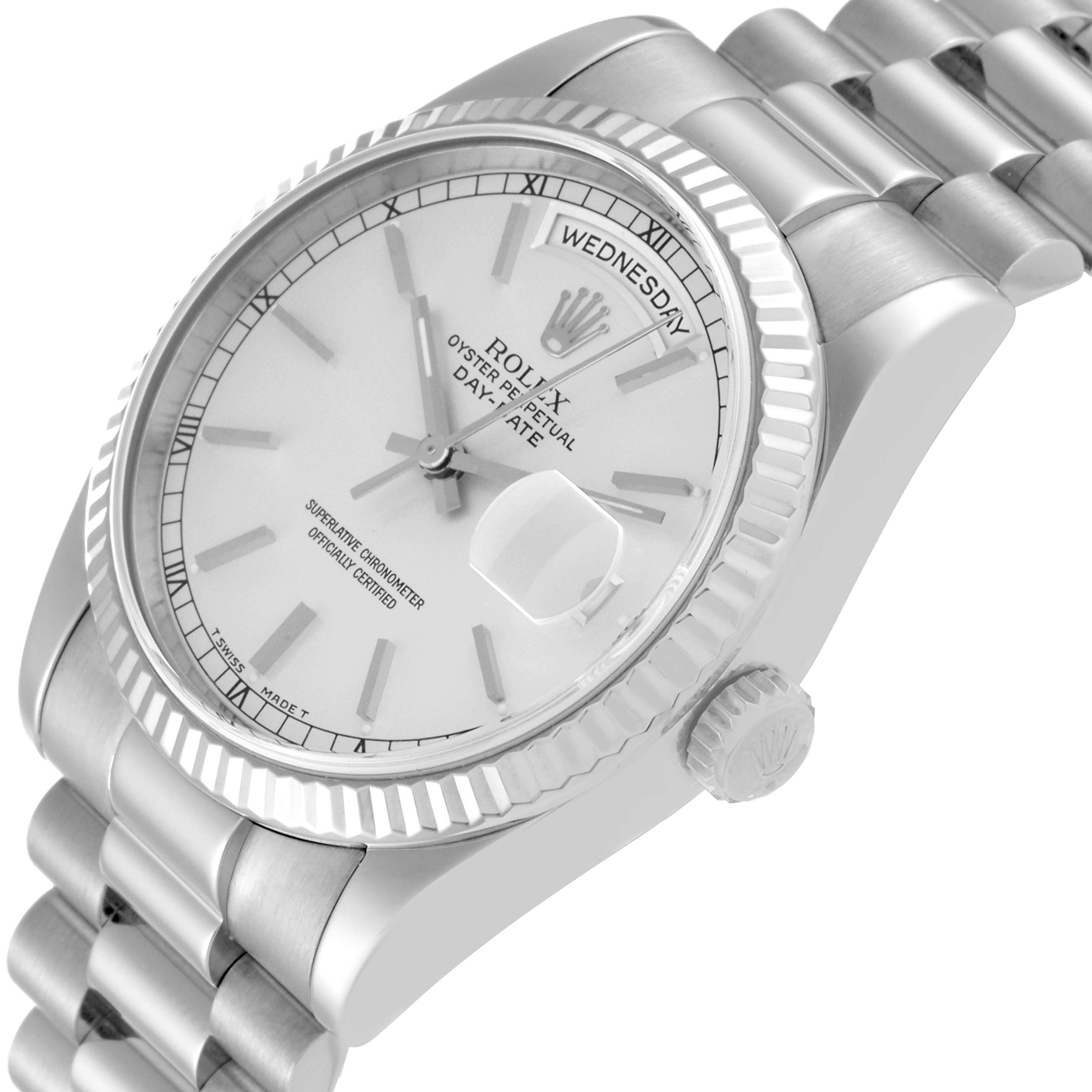 The Rolex President 118239 Men's White Gold Silver Dial 118239 Men's White Gold Silver Dial model watch is shown at a tilted angle, highlighting the face, bezel, dial, and part of the bracelet.