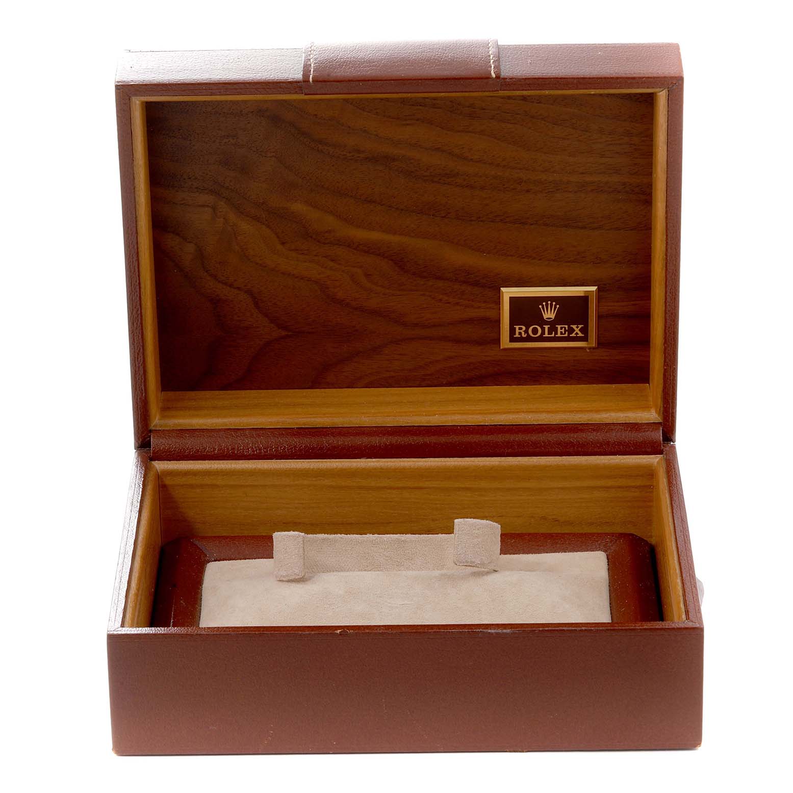 The image shows the open wooden box for the Rolex President 118239 Men's White Gold Silver Dial 118239 Men's White Gold Silver Dial model watch with the brand logo inside.