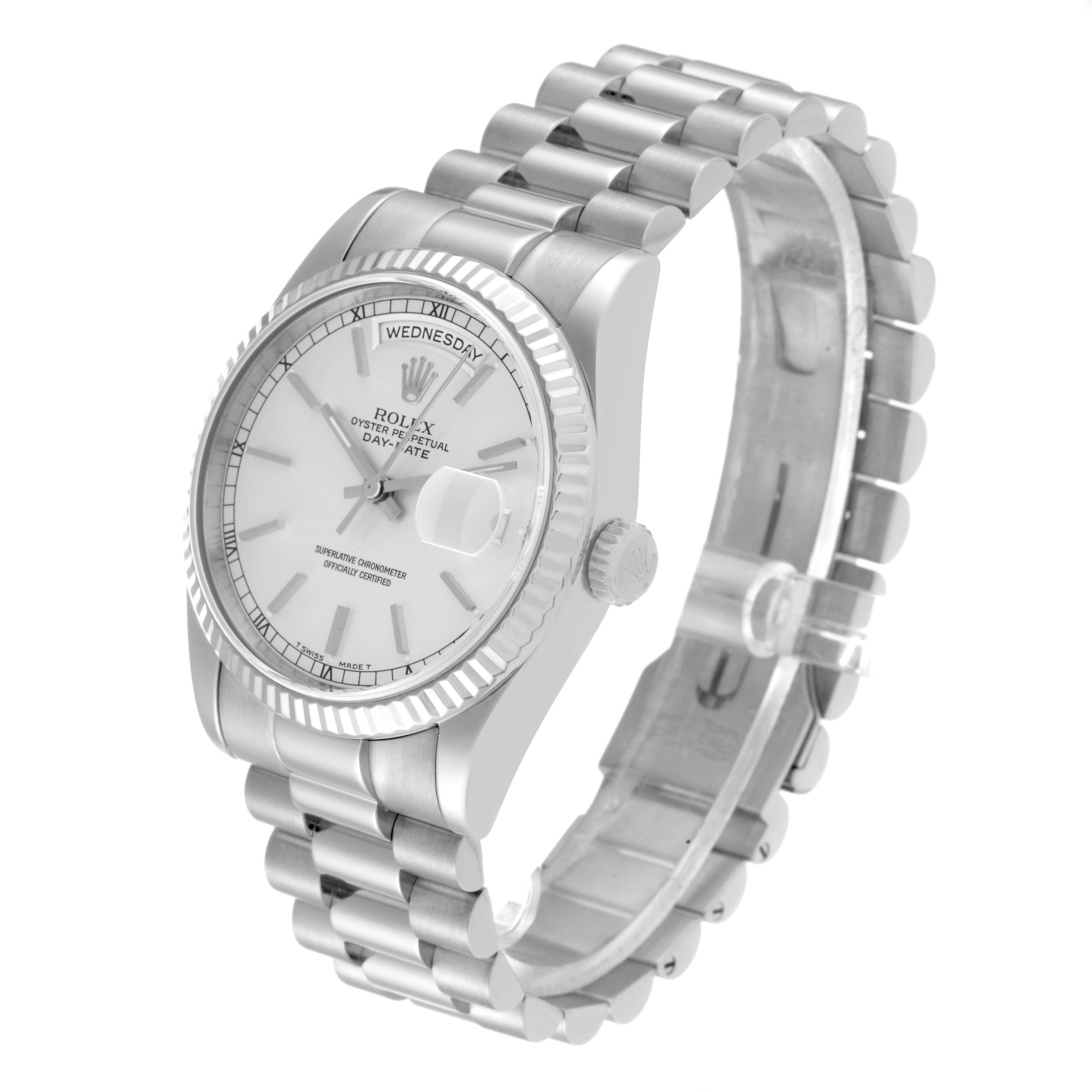 The image shows a President model Rolex watch at a three-quarter angle, highlighting the face, bezel, crown, and bracelet.