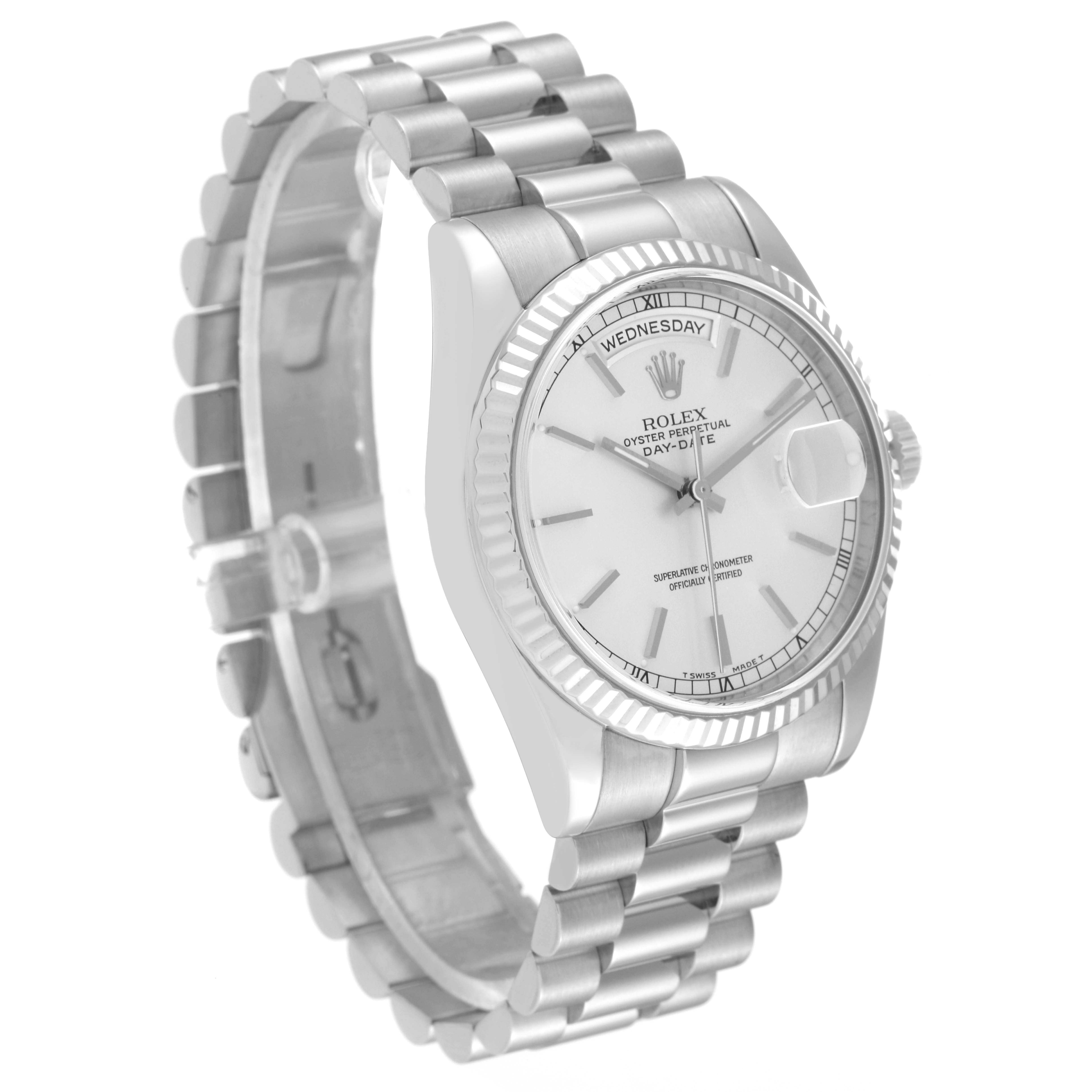 The watch shown is a Rolex President 118239 Men's White Gold Silver Dial 118239 Men's White Gold Silver Dial model, viewed from an oblique angle highlighting the face, bezel, and part of the bracelet.