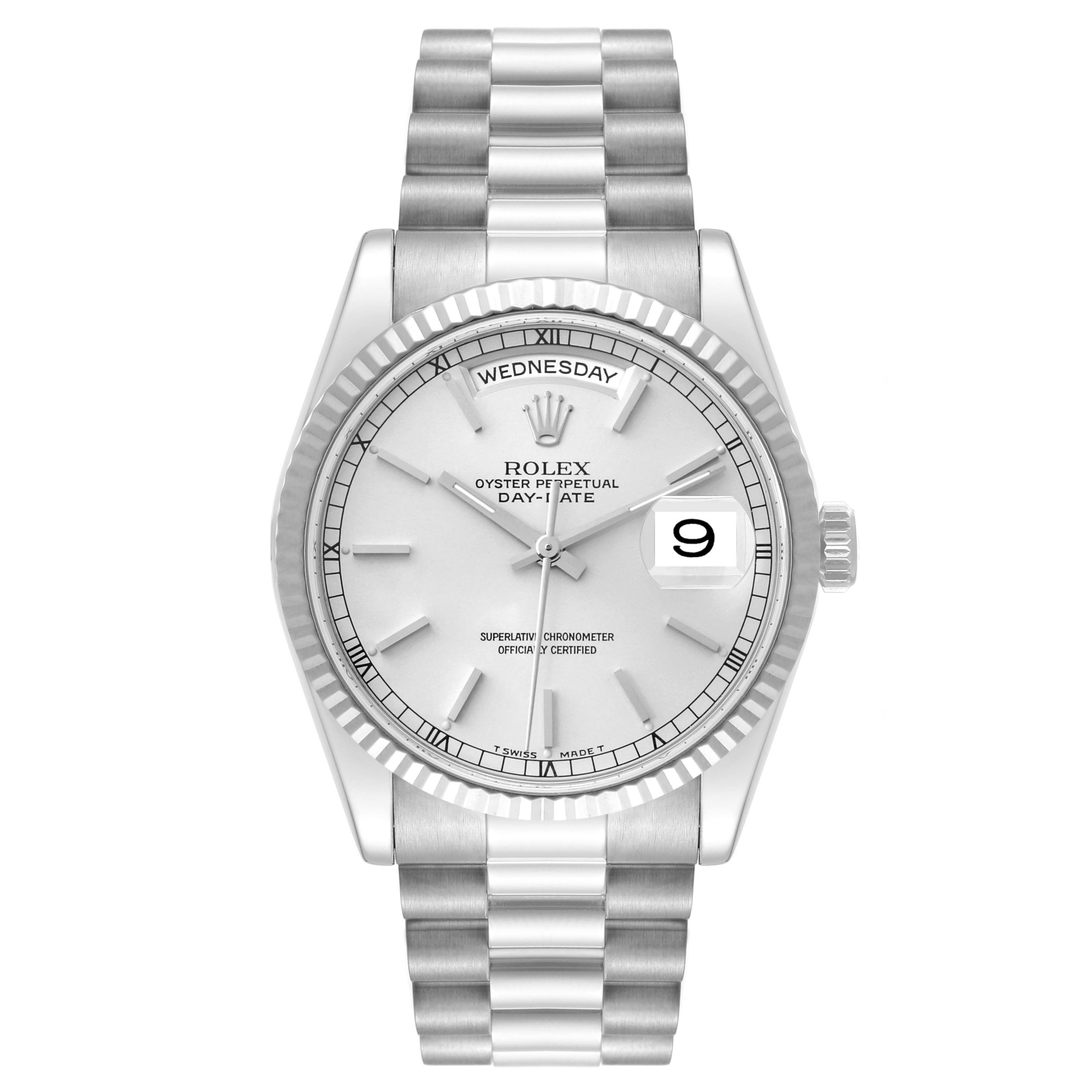 The image shows a Rolex President 118239 Men's White Gold Silver Dial 118239 Men's White Gold Silver Dial model watch from a front angle, displaying the face, crown, and bracelet.