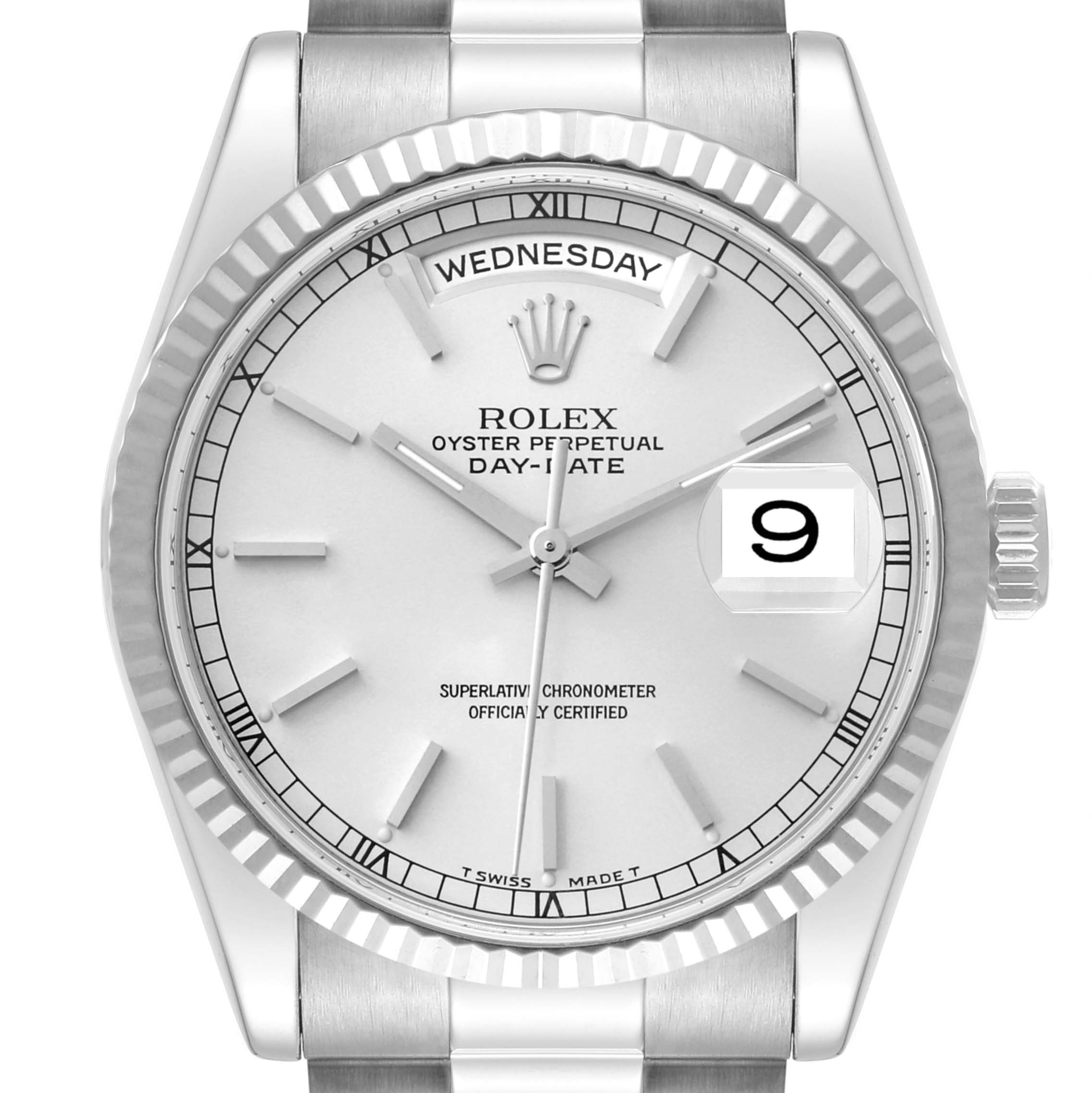 The image shows a front view of a Rolex President 118239 Men's White Gold Silver Dial 118239 Men's White Gold Silver Dial model watch, highlighting its dial, hands, day-date display, and fluted bezel.