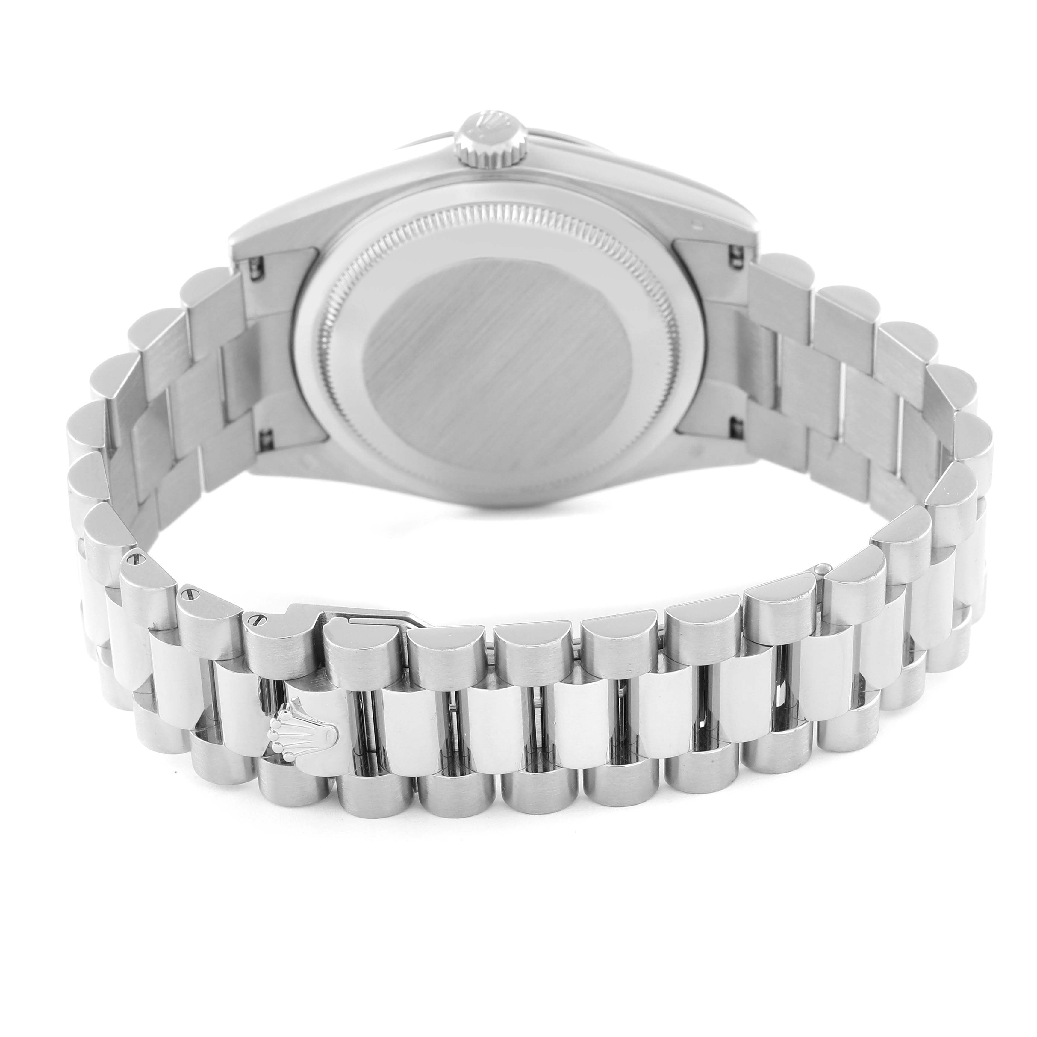 This image shows the back view of a Rolex President 118239 Men's White Gold Silver Dial 118239 Men's White Gold Silver Dial model watch, highlighting its case back and linked bracelet.