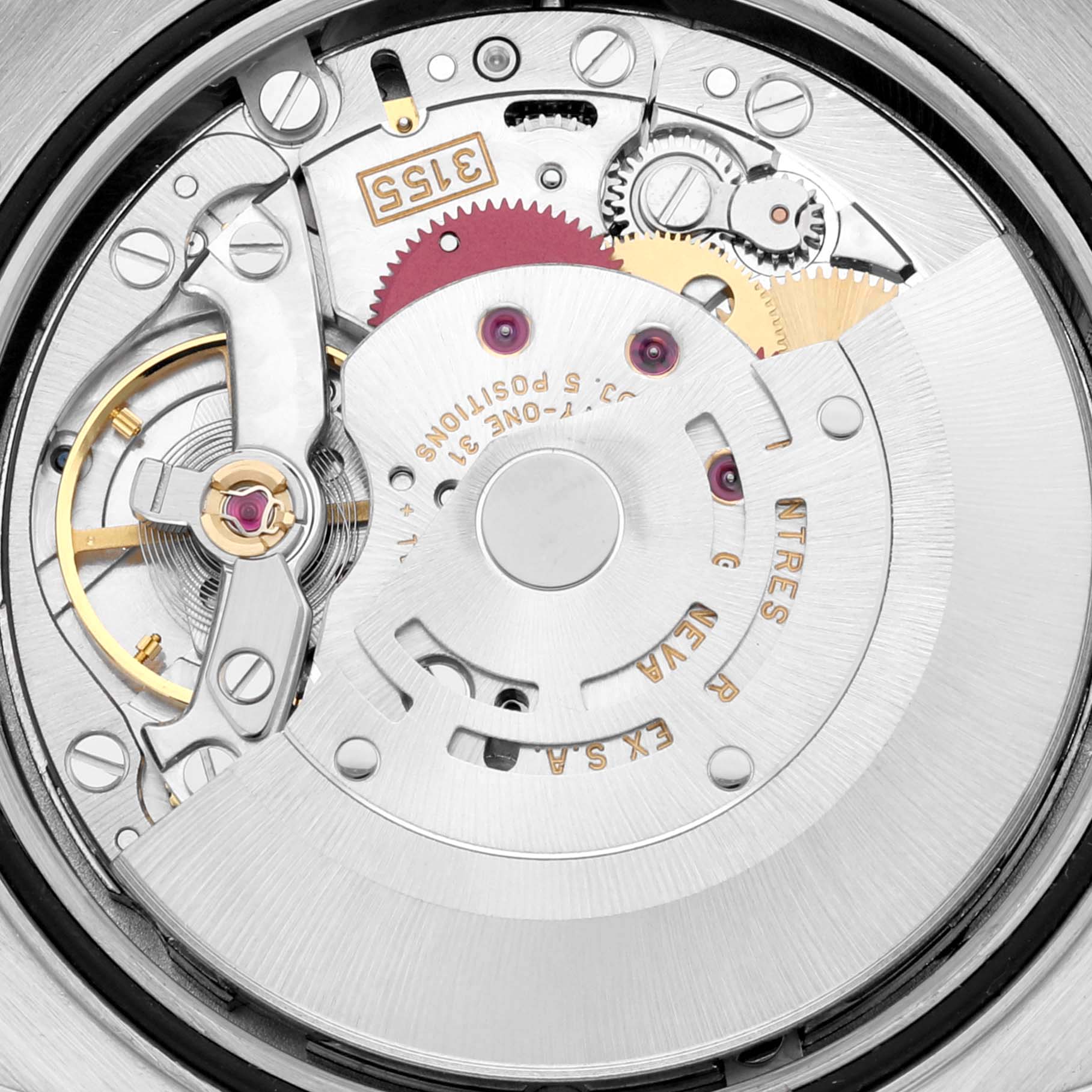 The image shows a close-up view of the internal movement mechanism of a Rolex President 118239 Men's White Gold Silver Dial 118239 Men's White Gold Silver Dial model watch.