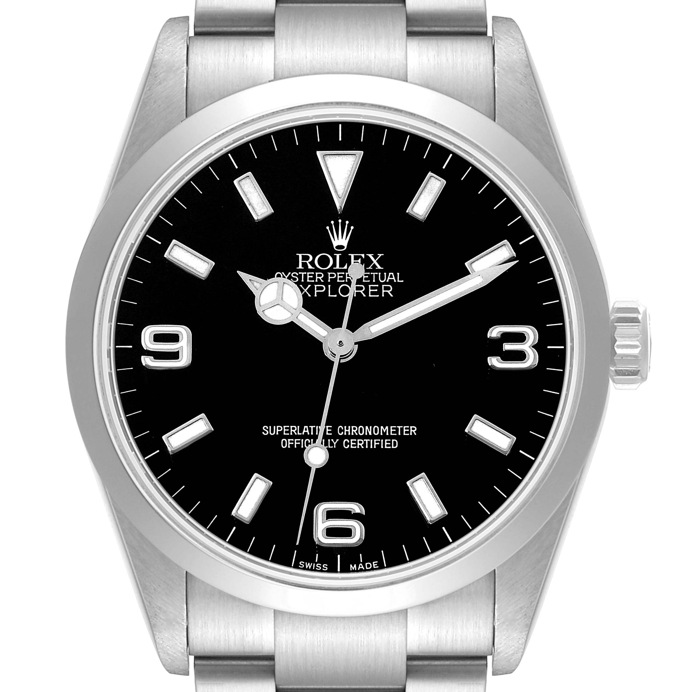 The image shows a Rolex Explorer 114270 Men
s Stainless Steel Black Dial 114270 Men
s Stainless Steel Black Dial watch from a front angle, displaying its face, crown, and part of the bracelet.