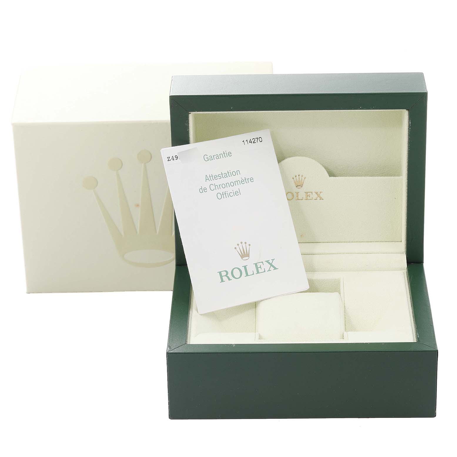 The image shows the open box and warranty card for a Rolex Explorer 114270 Men
s Stainless Steel Black Dial 114270 Men
s Stainless Steel Black Dial model watch.