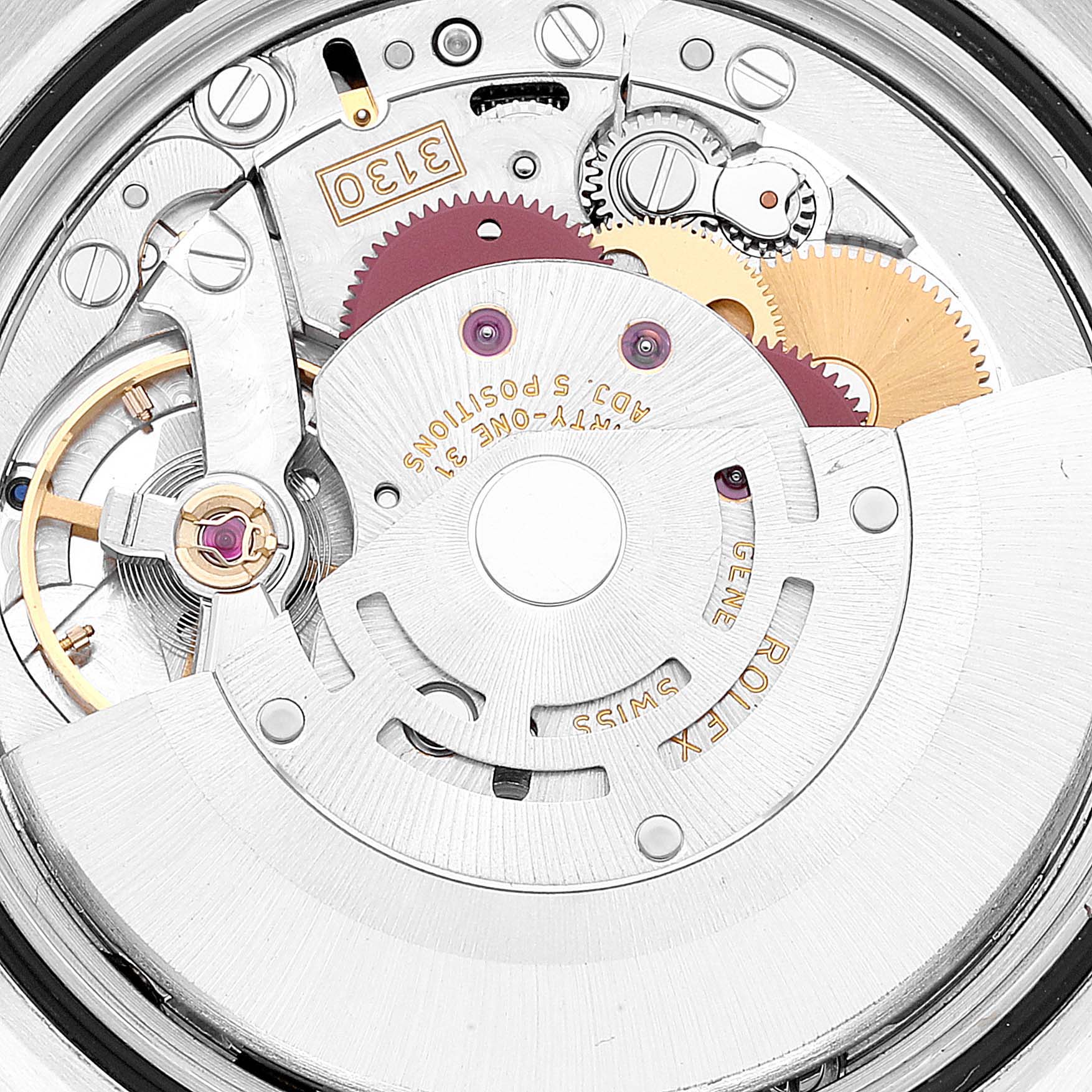 This image shows a close-up of the internal mechanical movement of a Rolex Explorer 114270 Men
s Stainless Steel Black Dial 114270 Men
s Stainless Steel Black Dial watch.
