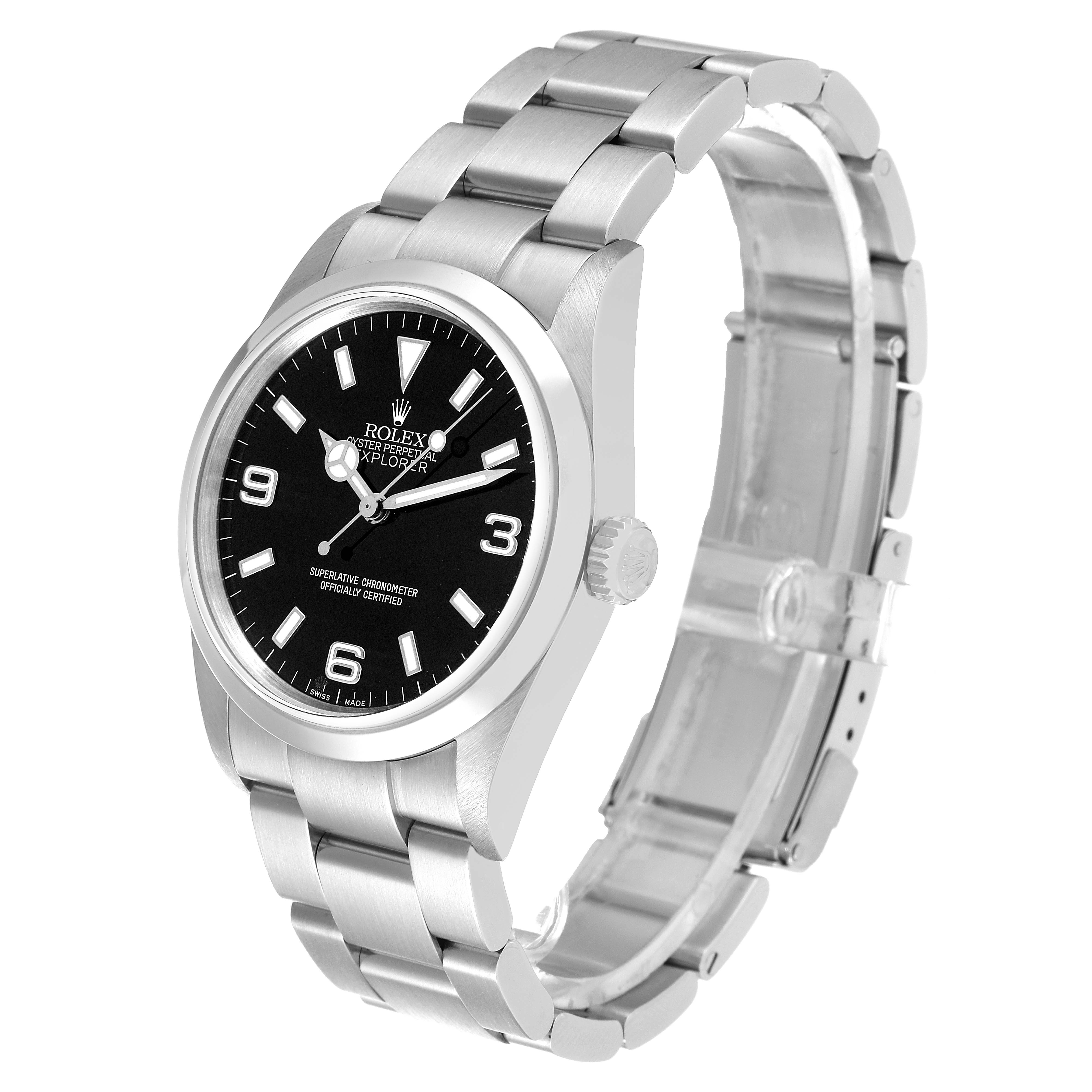 The Rolex Explorer 114270 Men
s Stainless Steel Black Dial 114270 Men
s Stainless Steel Black Dial watch is shown at a slight angle, displaying its face, crown, and stainless steel bracelet.