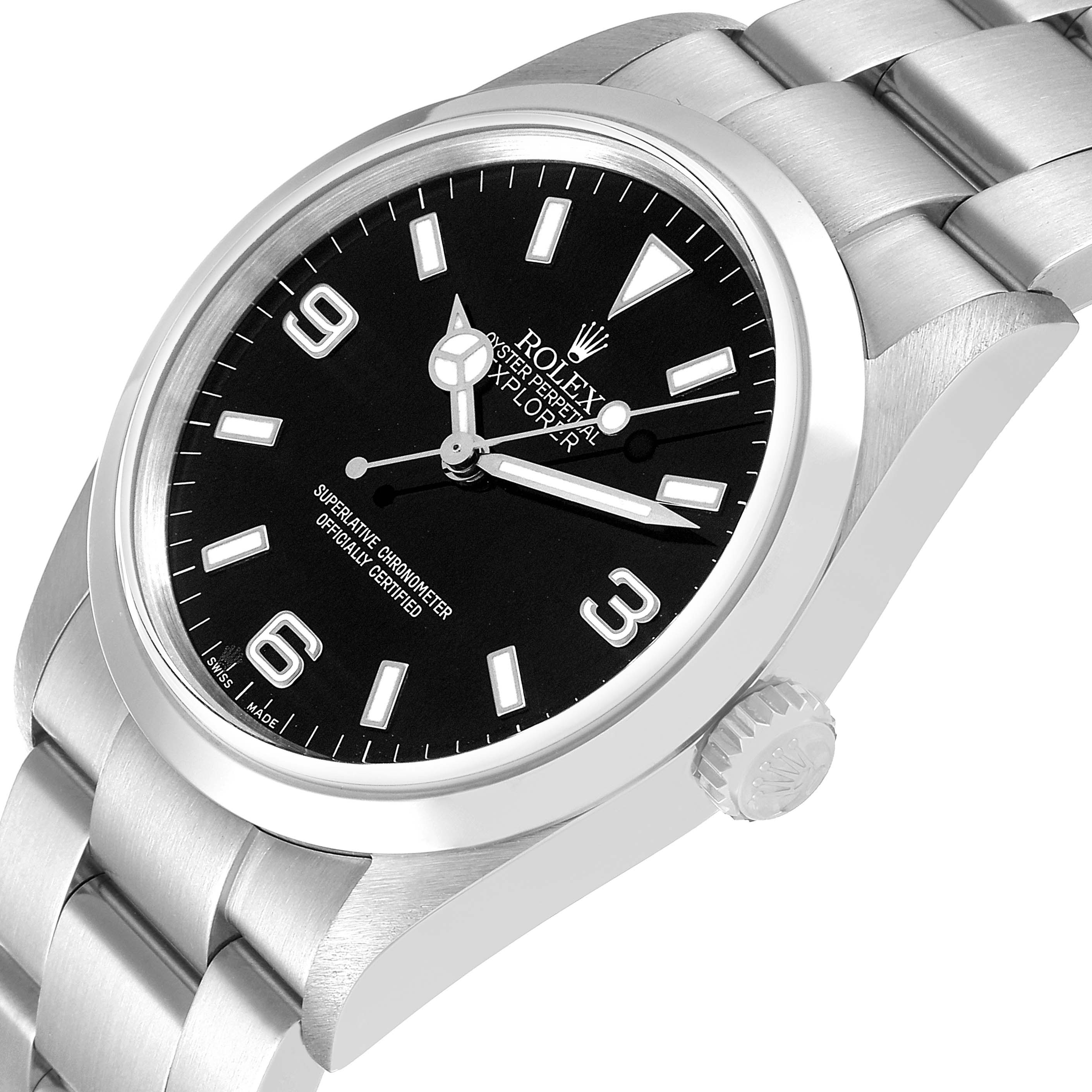 The image shows a close-up of the Rolex Explorer 114270 Men
s Stainless Steel Black Dial 114270 Men
s Stainless Steel Black Dial watch face, bezel, and part of the bracelet from a tilted side angle.