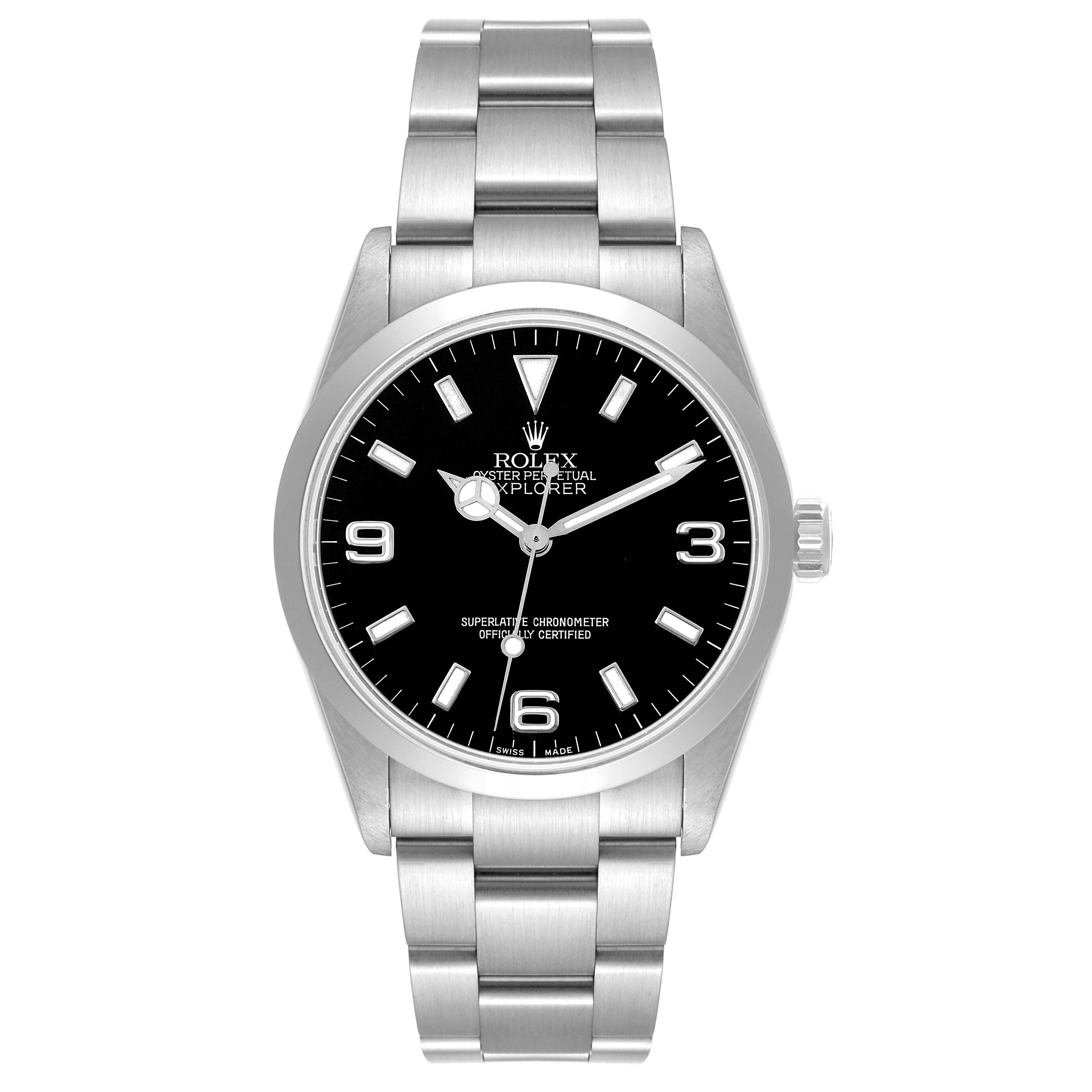 This image shows a front view of the Rolex Explorer 114270 Men
s Stainless Steel Black Dial 114270 Men
s Stainless Steel Black Dial watch, displaying its face, bezel, and bracelet.
