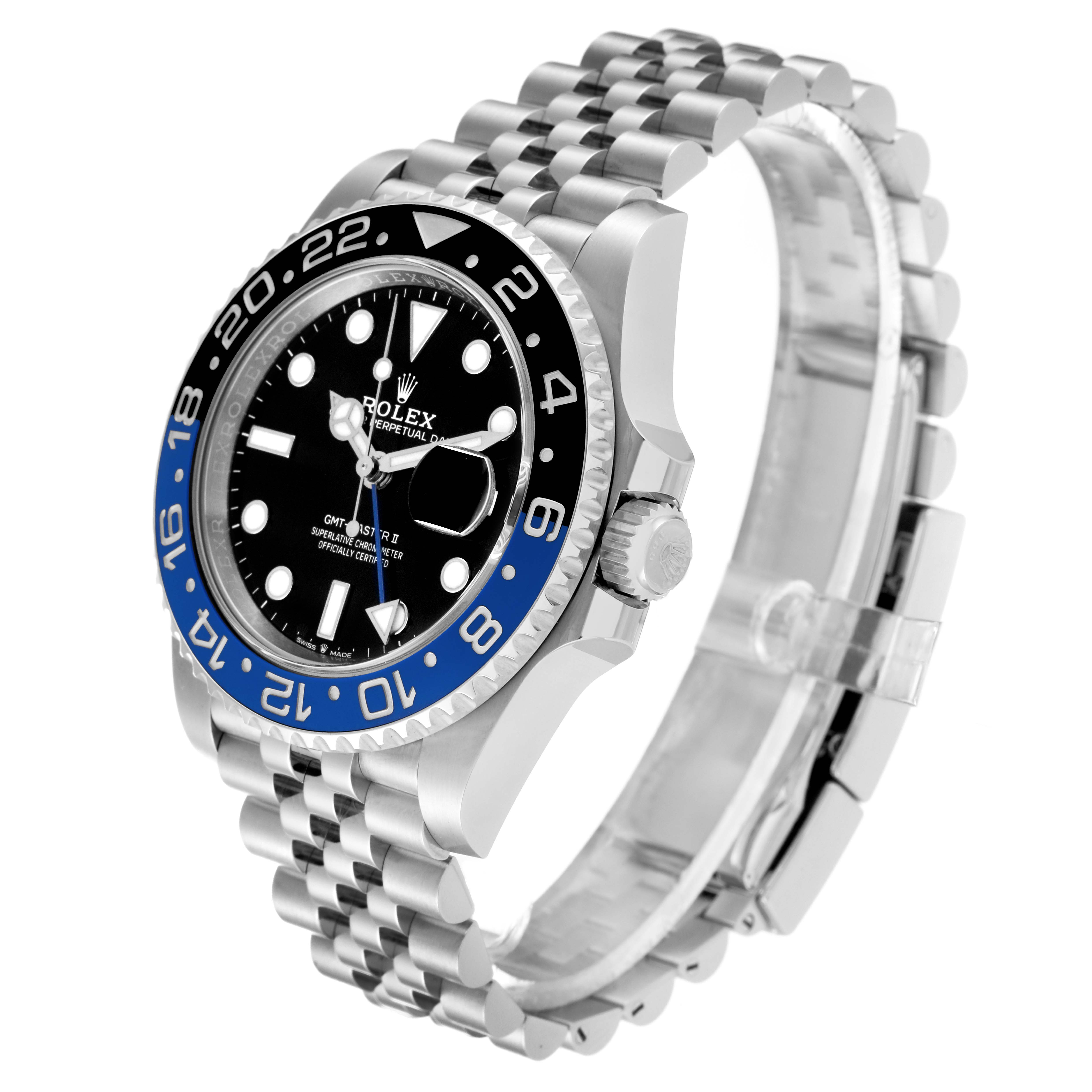 The image shows a side view of a Rolex GMT-Master 126710BLNR Men
s Stainless Steel Black Dial 126710BLNR Men
s Stainless Steel Black Dial watch, highlighting the bezel, crown, dial, and bracelet.