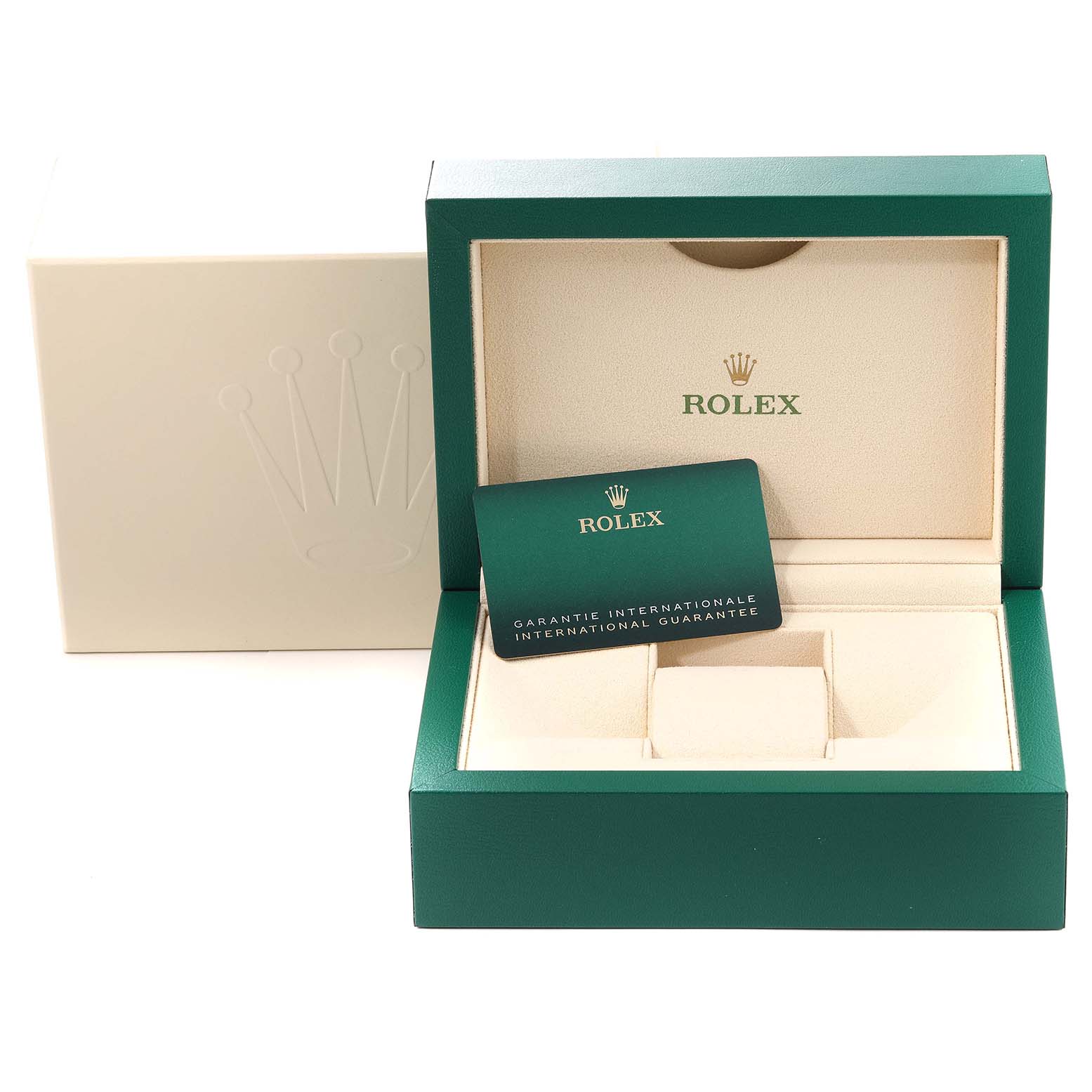 The image shows a packaging box and international guarantee card for the Rolex GMT-Master 126710BLNR Men
s Stainless Steel Black Dial 126710BLNR Men
s Stainless Steel Black Dial watch.