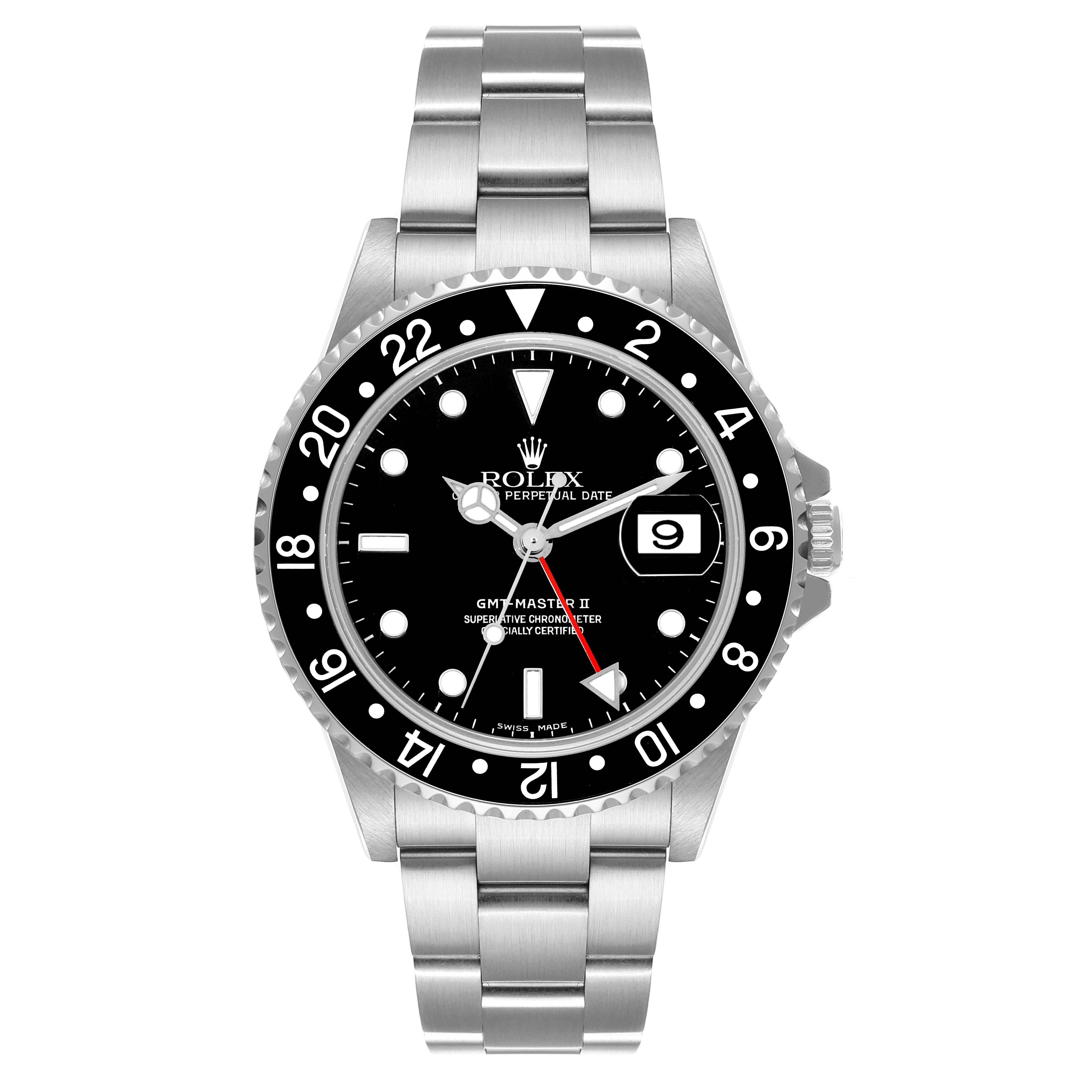 The image shows a front view of the Rolex GMT-Master 16710 Men's Stainless Steel Black Dial 16710 Men's Stainless Steel Black Dial II watch, featuring a black dial, date window, bezel, and stainless steel bracelet.