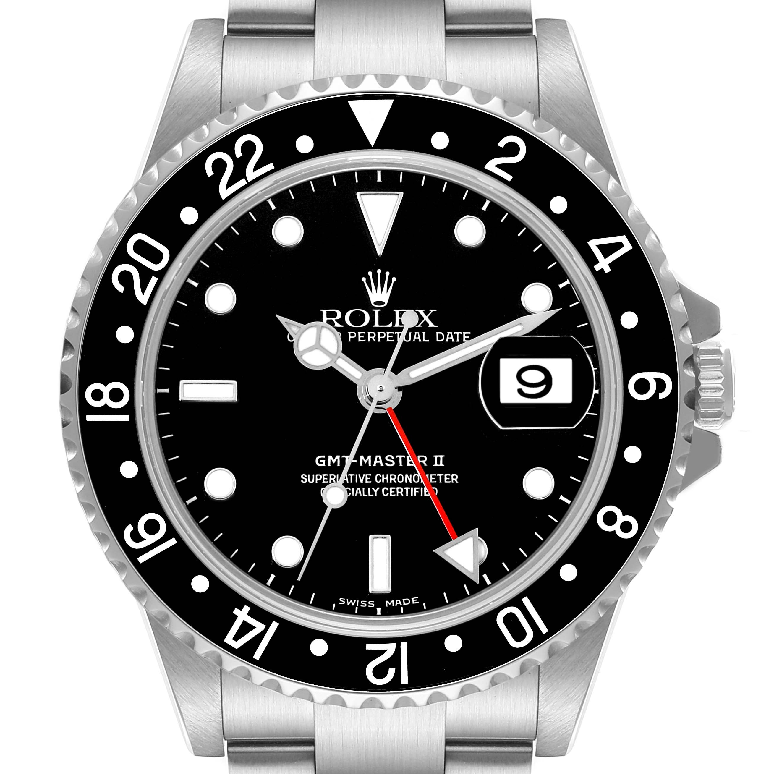 The image shows a front view of a Rolex GMT-Master 16710 Men's Stainless Steel Black Dial 16710 Men's Stainless Steel Black Dial II watch, featuring its bezel, dial, crown, and part of its bracelet.