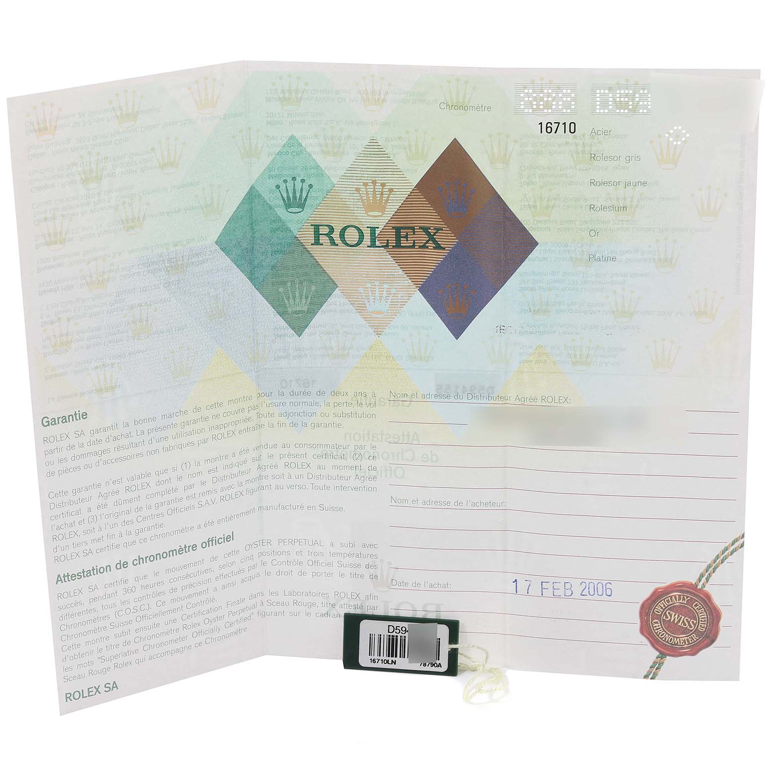 The image shows the warranty and chronometer certification papers for a Rolex GMT-Master 16710 Men's Stainless Steel Black Dial 16710 Men's Stainless Steel Black Dial model, along with a green tag.