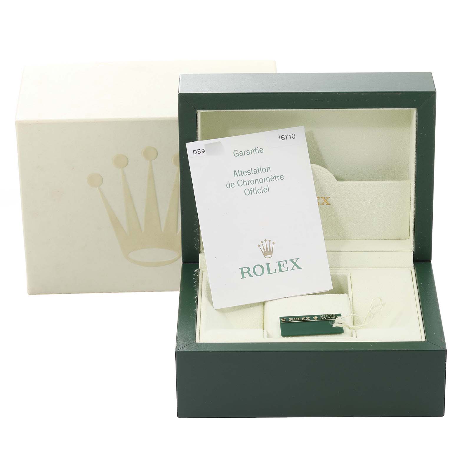 The image shows the packaging and documentation of a Rolex GMT-Master 16710 Men's Stainless Steel Black Dial 16710 Men's Stainless Steel Black Dial, including the box and warranty card.