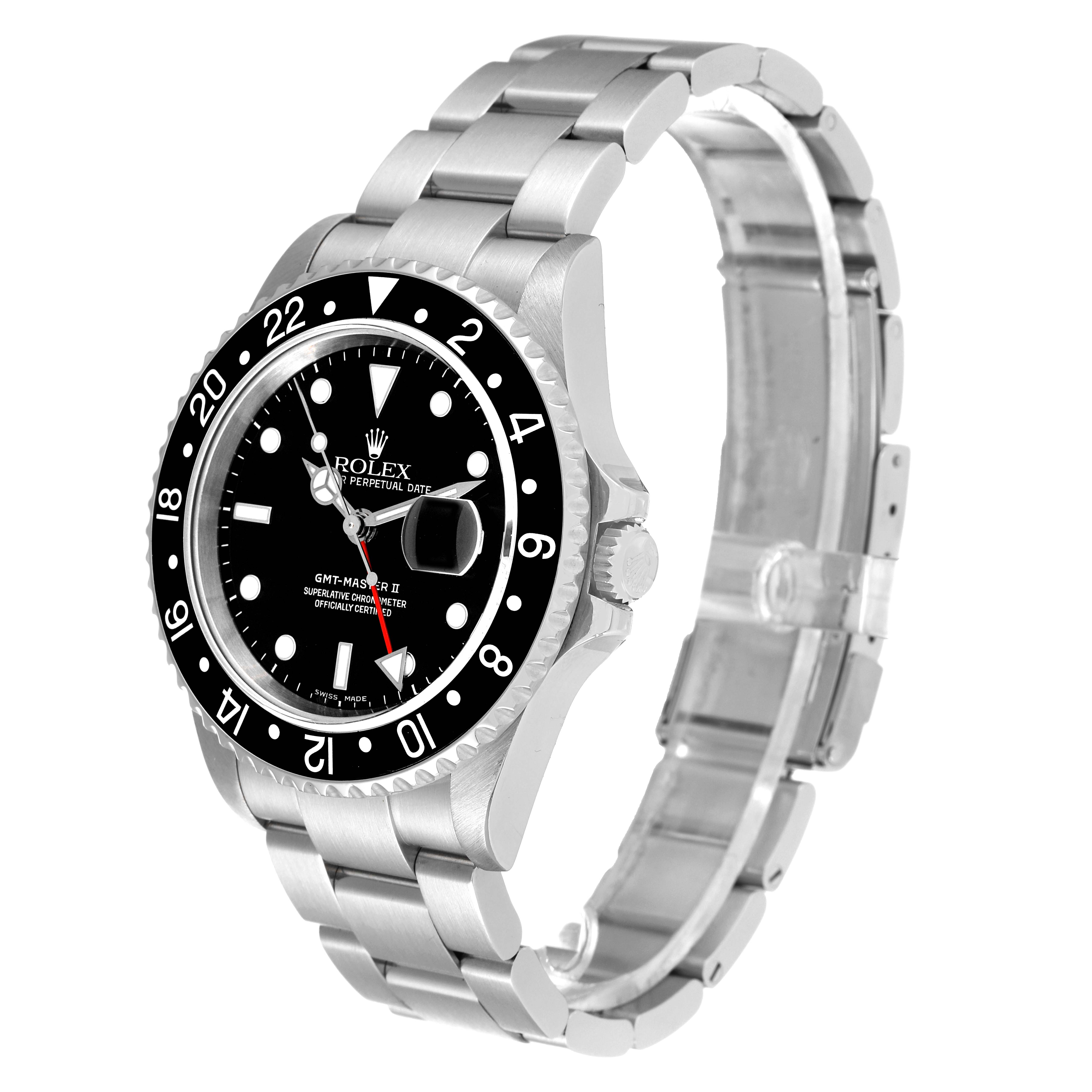 This image shows a Rolex GMT-Master 16710 Men's Stainless Steel Black Dial 16710 Men's Stainless Steel Black Dial II watch, angled to display the face, bezel, crown, and bracelet.
