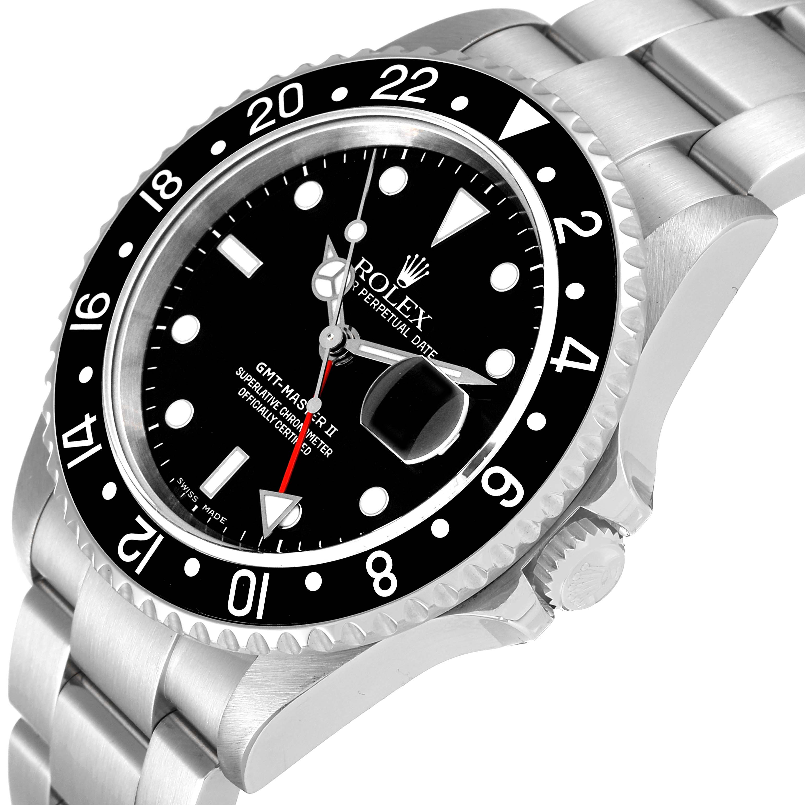 The Rolex GMT-Master 16710 Men's Stainless Steel Black Dial 16710 Men's Stainless Steel Black Dial II watch is shown at a three-quarter angle, highlighting its bezel, dial, crown, and bracelet.