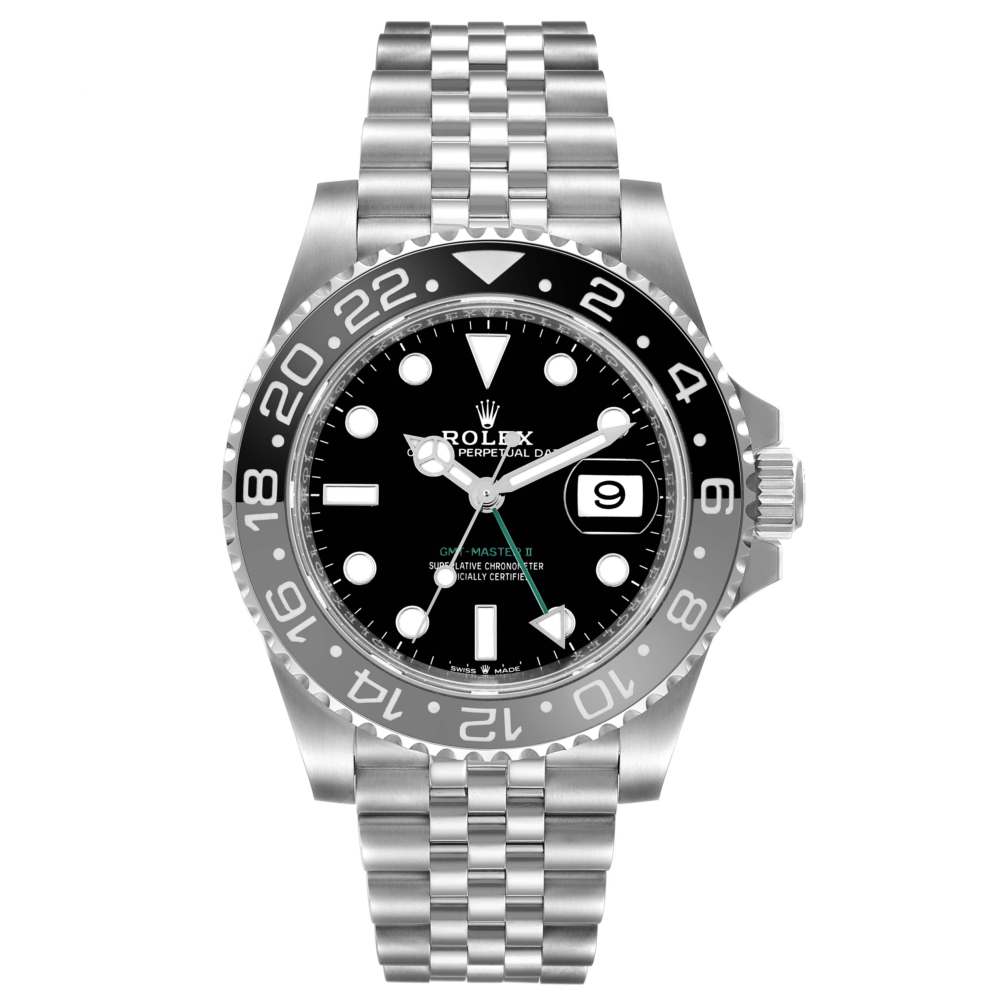 The Rolex GMT-Master 126710GRNR Men's Stainless Steel Black Dial 126710GRNR Men's Stainless Steel Black Dial watch is shown from the front, displaying its face, bezel, crown, and metal bracelet.