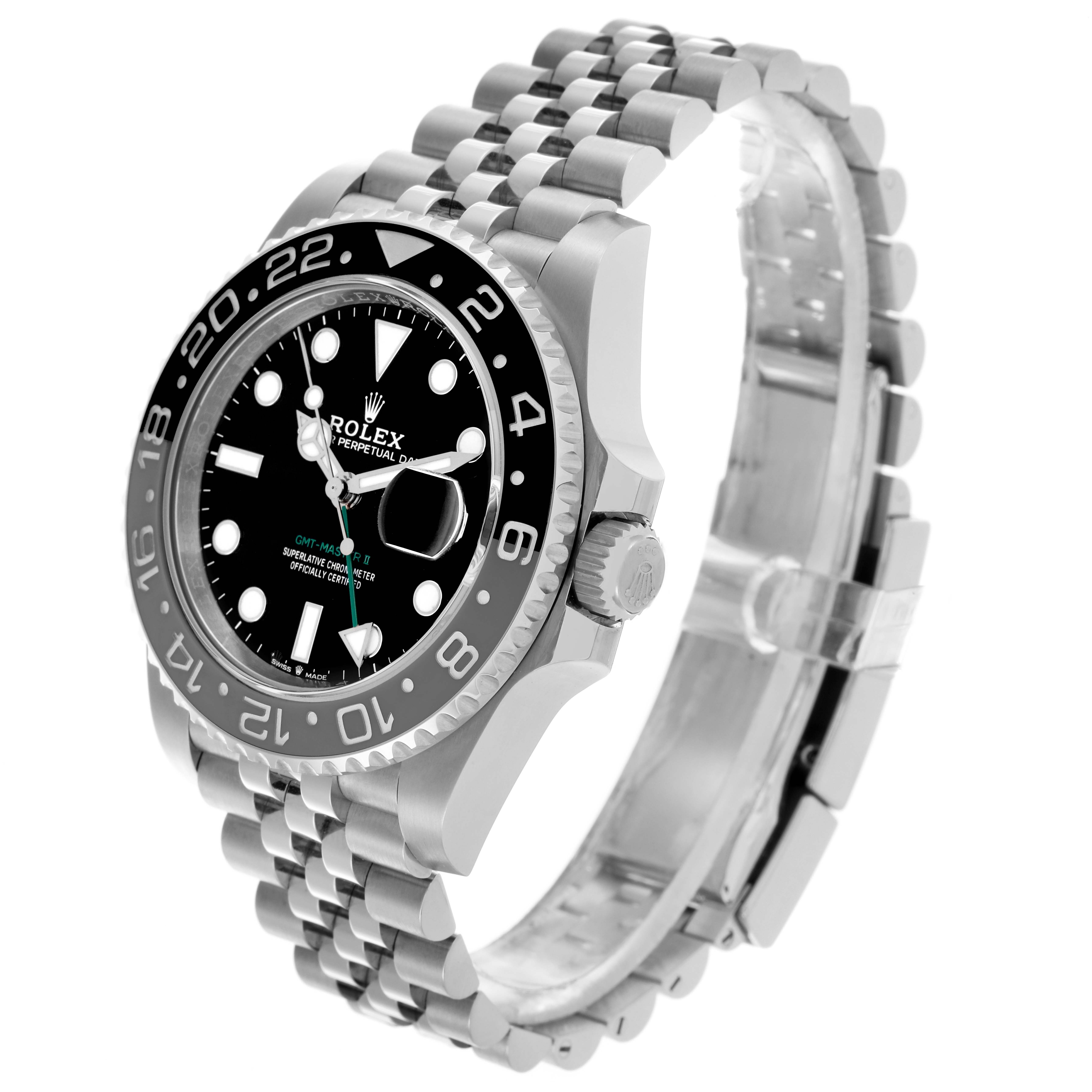 The Rolex GMT-Master 126710GRNR Men's Stainless Steel Black Dial 126710GRNR Men's Stainless Steel Black Dial watch is shown at a slight angle displaying the dial, bezel, crown, and part of the bracelet.