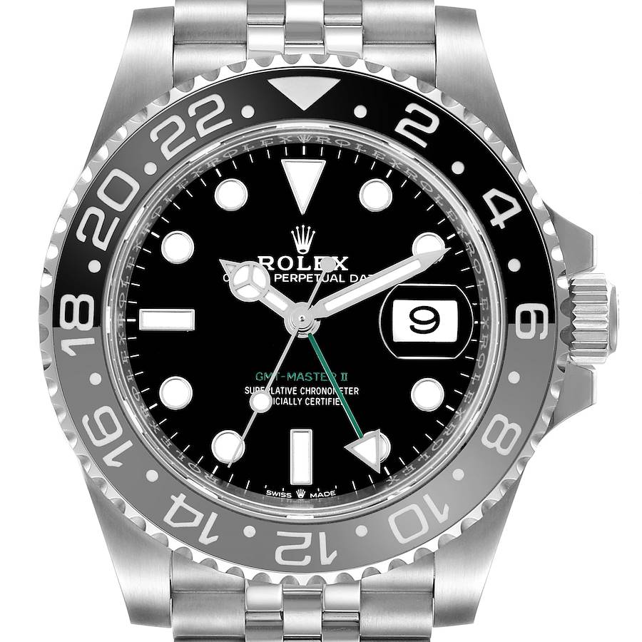 The Rolex GMT-Master II watch is shown from a front angle, displaying the dial, bezel, hands, and date window.