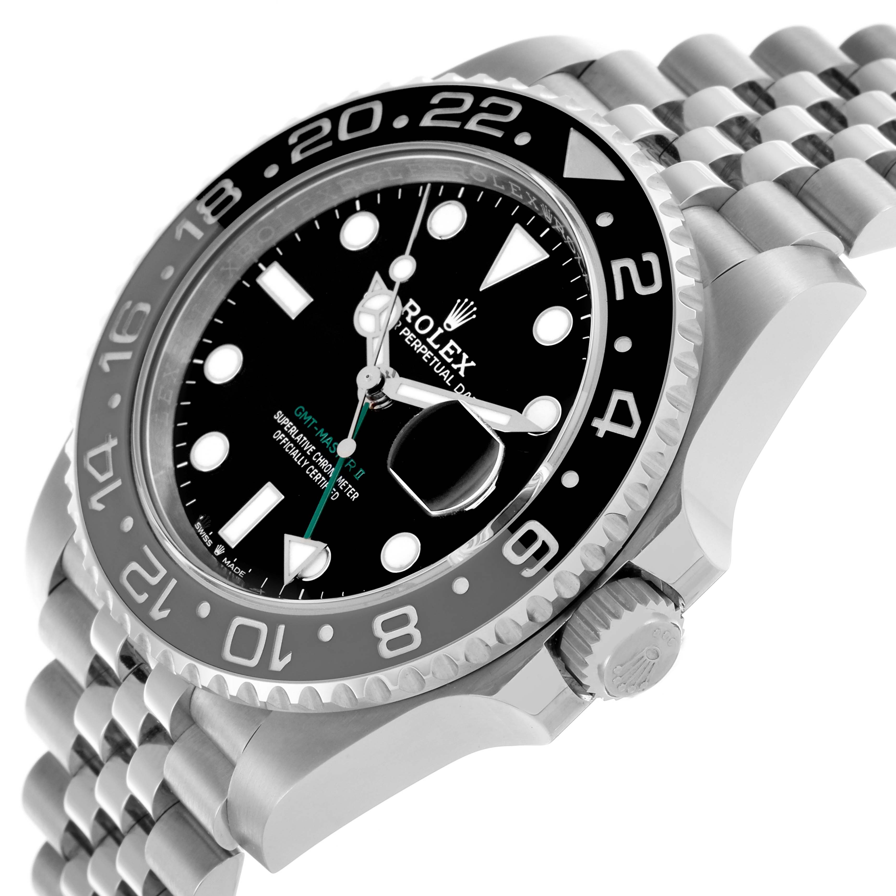 The Rolex GMT-Master 126710GRNR Men's Stainless Steel Black Dial 126710GRNR Men's Stainless Steel Black Dial watch is shown at an angle highlighting the face, bezel, crown, and part of the bracelet.