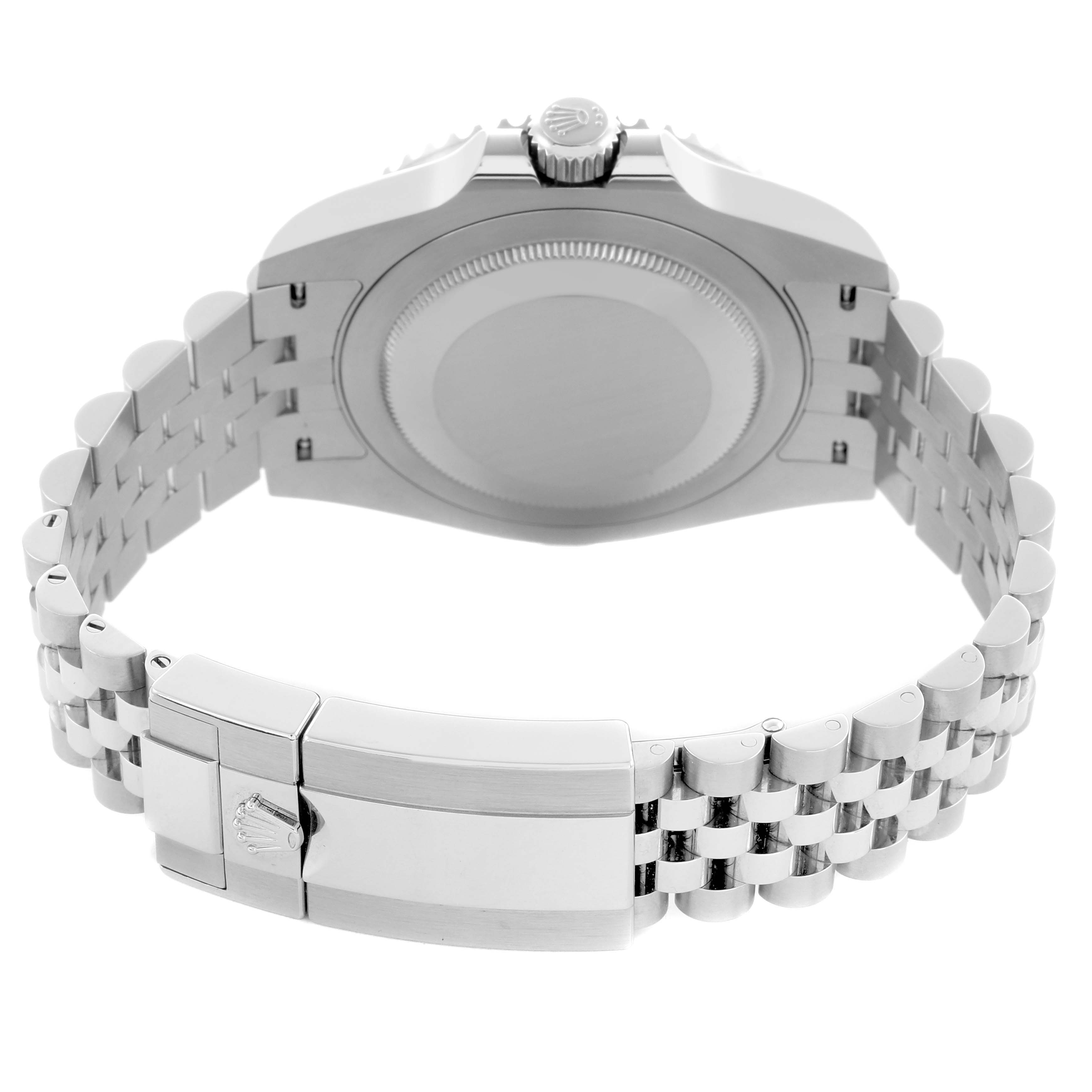 The image shows the back of the Rolex GMT-Master 126710GRNR Men's Stainless Steel Black Dial 126710GRNR Men's Stainless Steel Black Dial, highlighting the case back, crown, and bracelet clasp.