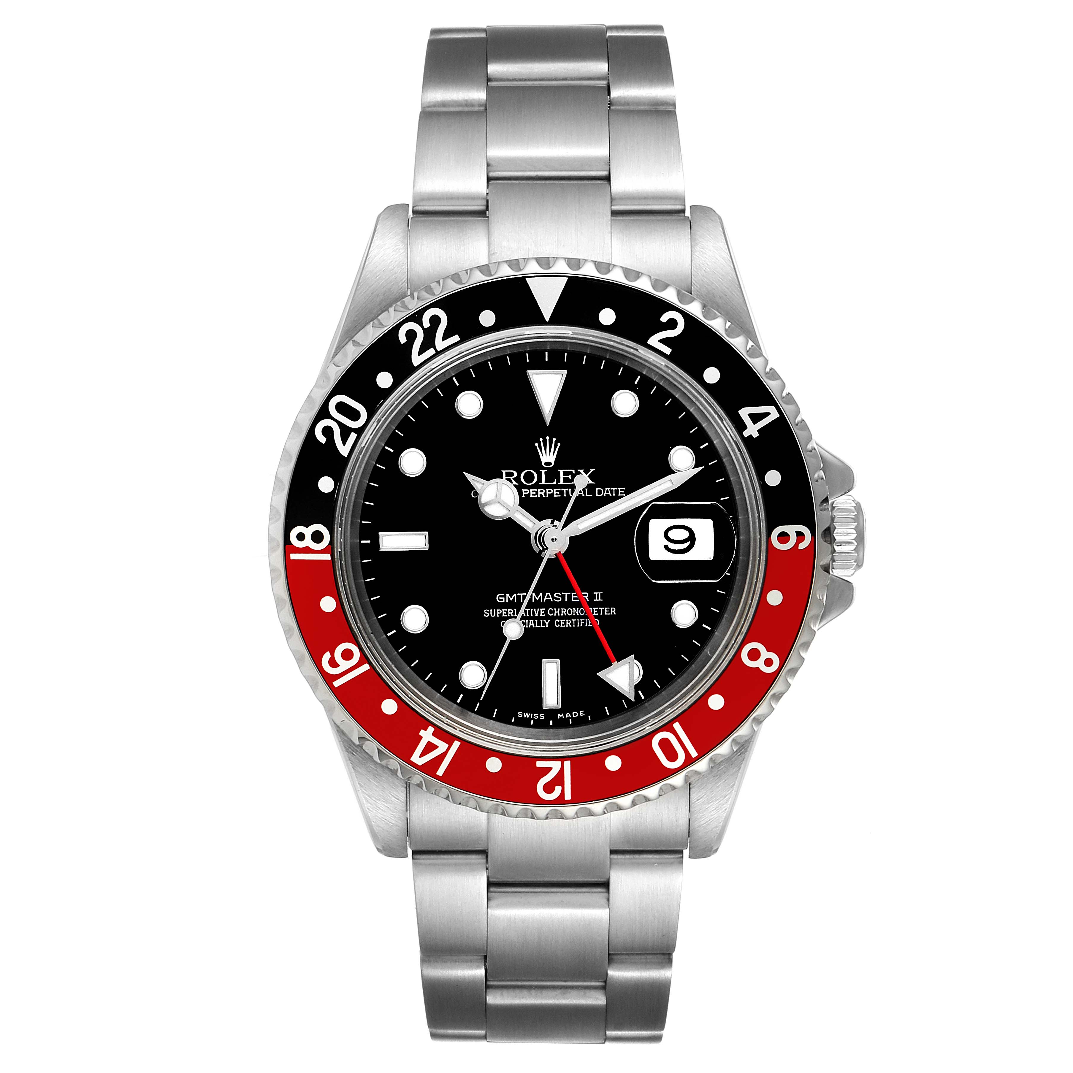 The image shows a frontal view of a Rolex GMT-Master 16710 Men's Stainless Steel Black Dial 16710 Men's Stainless Steel Black Dial II watch with a black and red bezel and date display.
