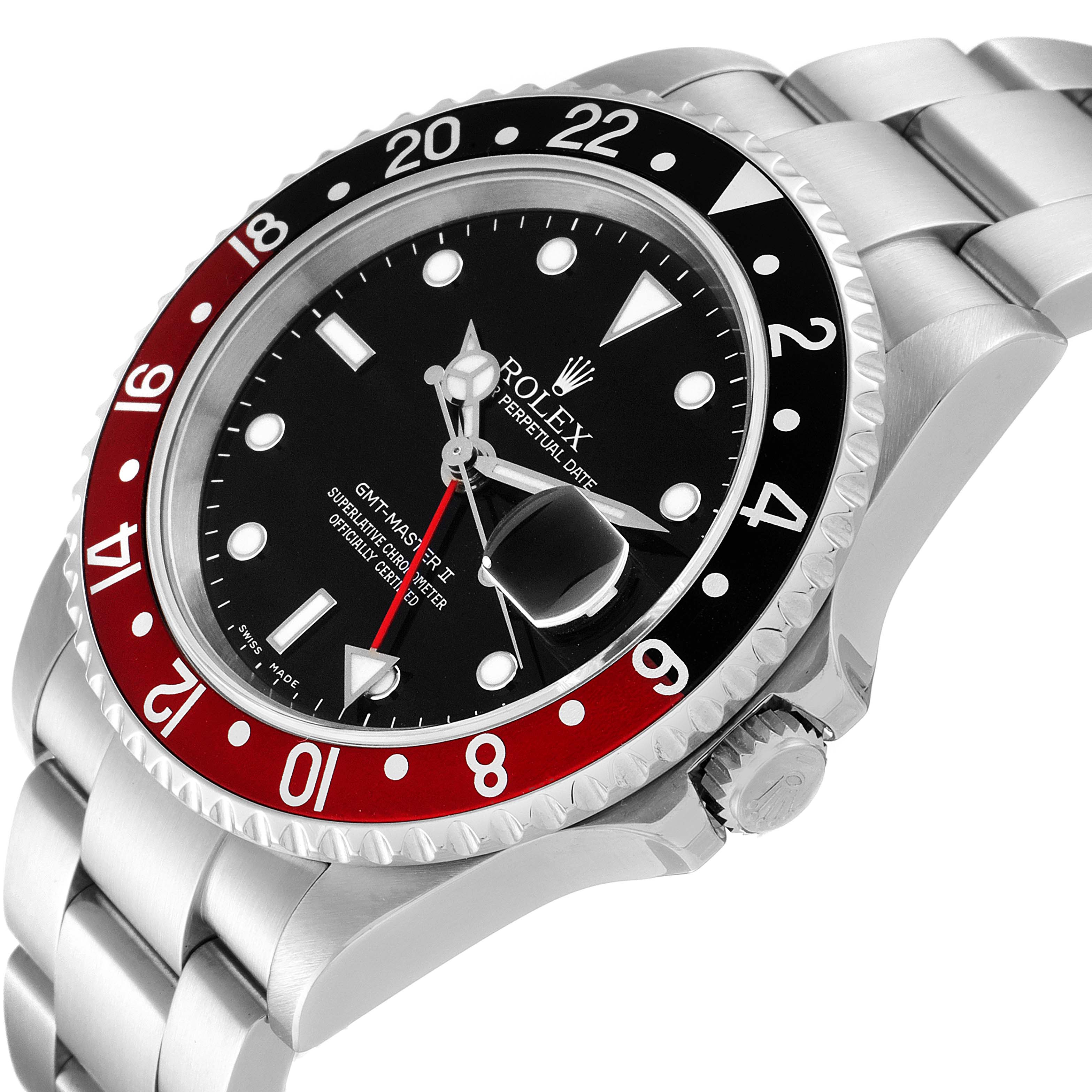 The image shows a side angle of the Rolex GMT-Master 16710 Men's Stainless Steel Black Dial 16710 Men's Stainless Steel Black Dial watch displaying the bezel, dial, crown, and part of the bracelet.
