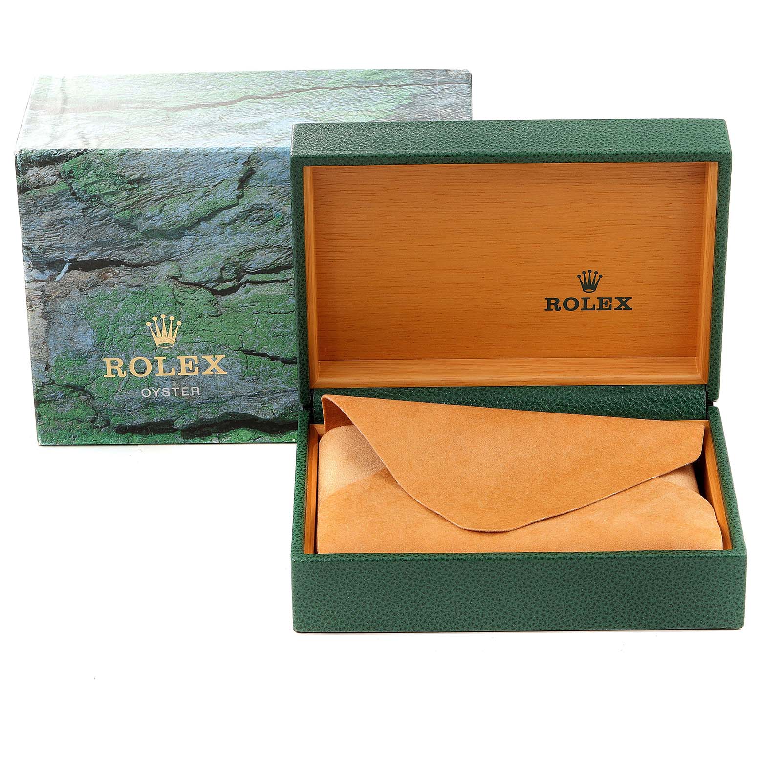 This image shows an open Rolex GMT-Master 16710 Men's Stainless Steel Black Dial 16710 Men's Stainless Steel Black Dial watch box with brown suede wrapping and an outer green box with the Rolex logo.