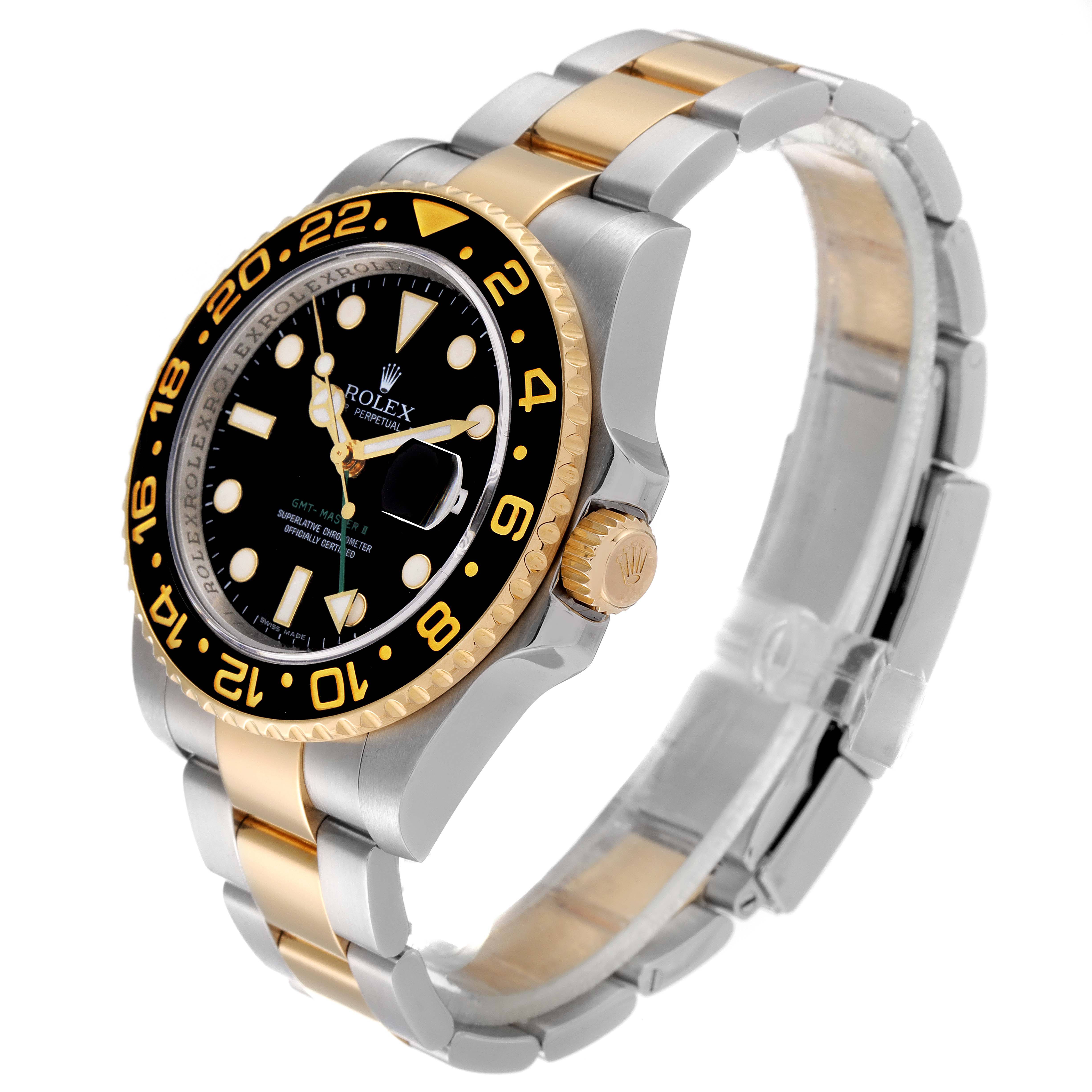 This image shows a side and front angle of the Rolex GMT-Master 116713 Men's Steel and Gold (two tone) Black Dial 116713 Men's Steel and Gold (two tone) Black Dial watch, highlighting its bezel, crown, and two-tone bracelet.