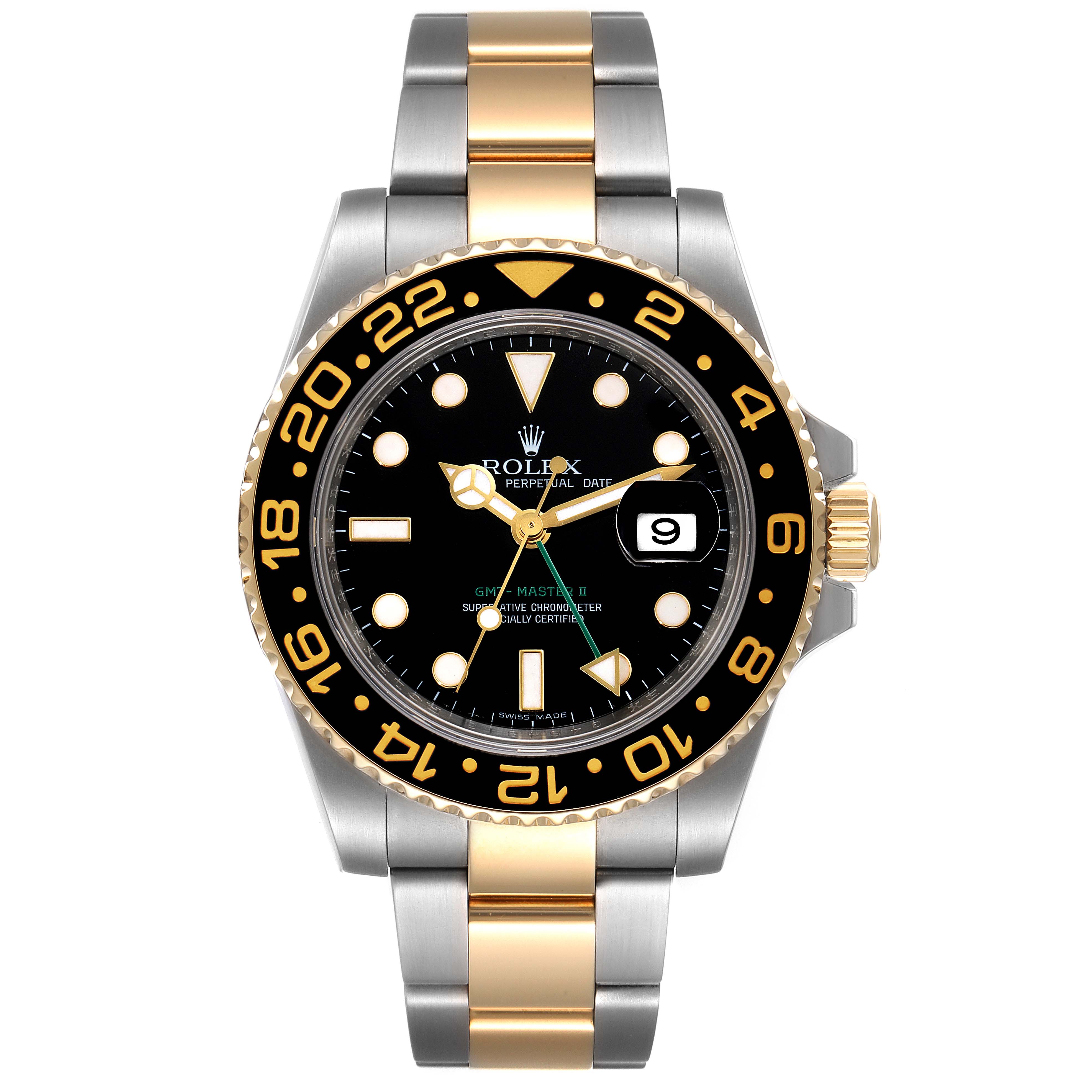 This image shows a front view of a Rolex GMT-Master 116713 Men's Steel and Gold (two tone) Black Dial 116713 Men's Steel and Gold (two tone) Black Dial watch highlighting its dial, bezel, and two-tone bracelet.