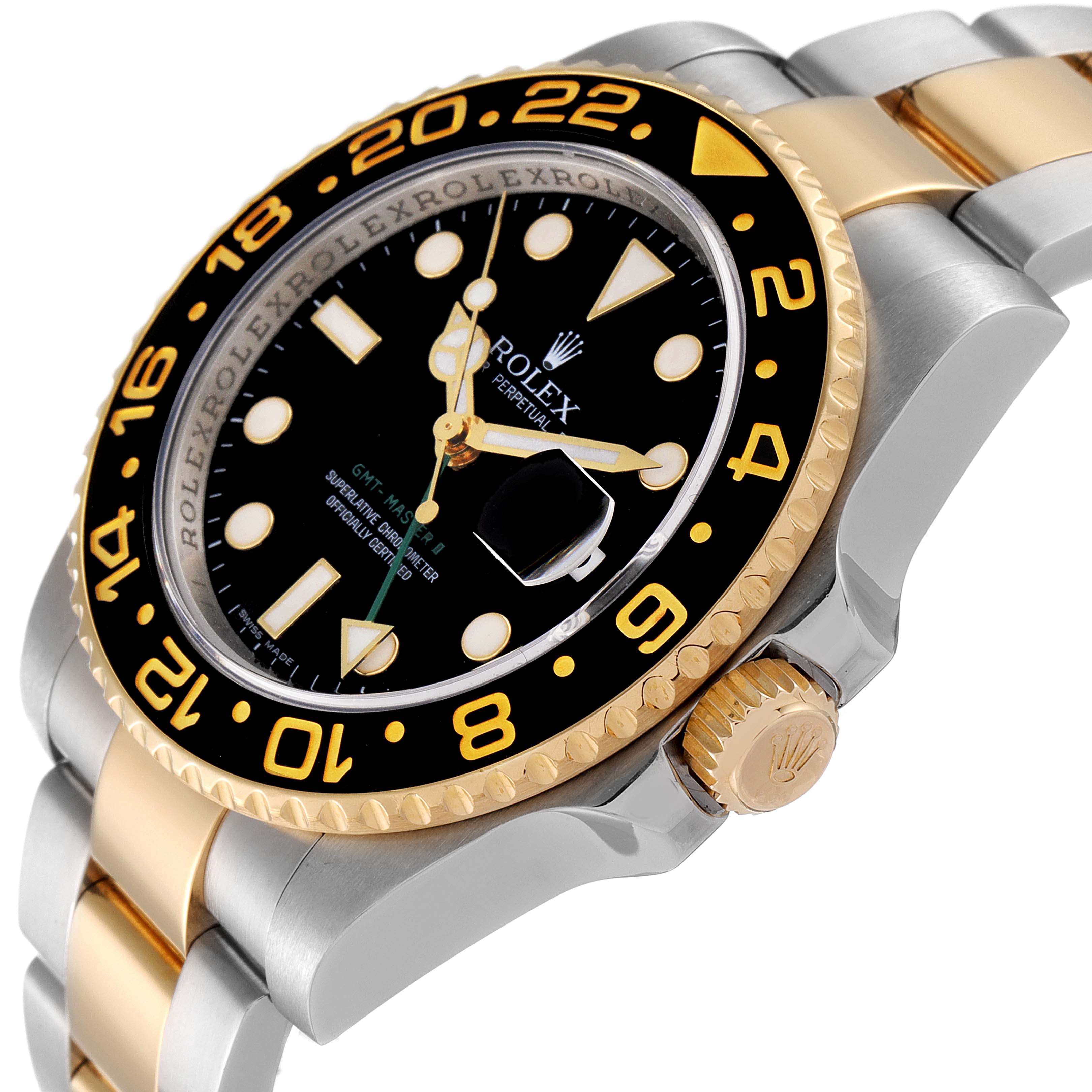 The image shows a Rolex GMT-Master 116713 Men's Steel and Gold (two tone) Black Dial 116713 Men's Steel and Gold (two tone) Black Dial watch at an angle displaying the bezel, face, crown, and part of the bracelet.
